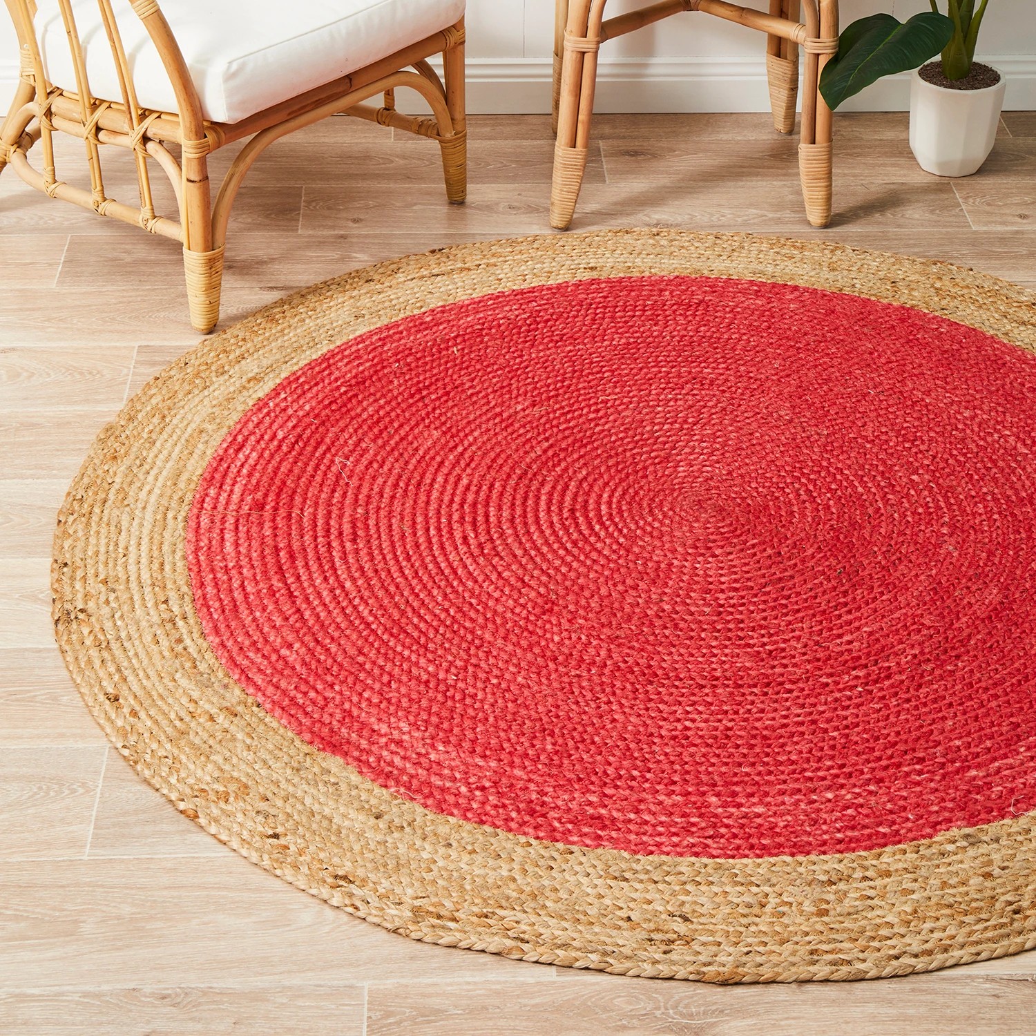 1 Common Ground Rugs Solace Polo 120x120cm - Small Round Handwoven Jute Rug - Red, 1 of 6