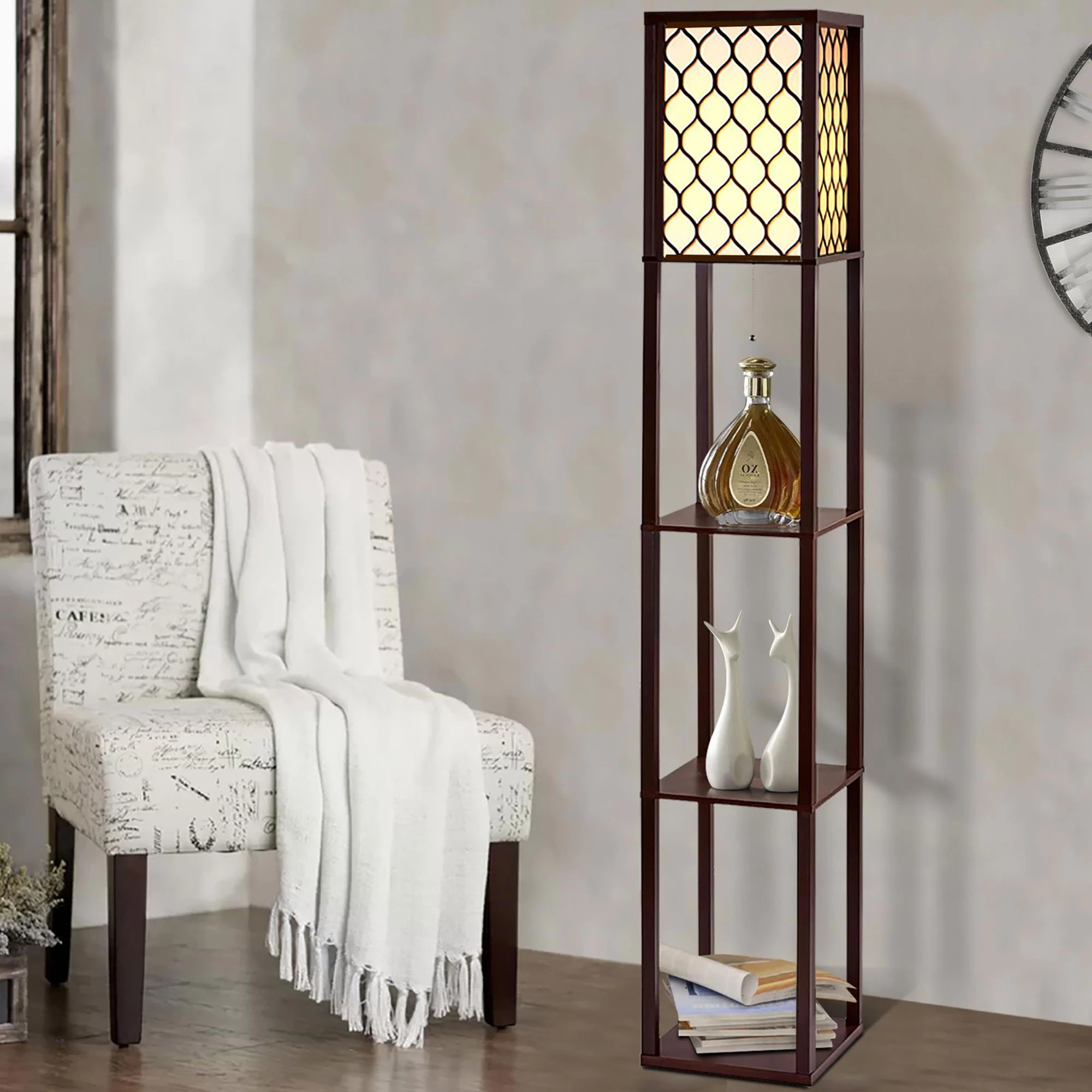 3 Artiss Floor Lamp 3 Tier Shelf Storage LED Light Stand Home Room Pattern - Brown, 3 of 7