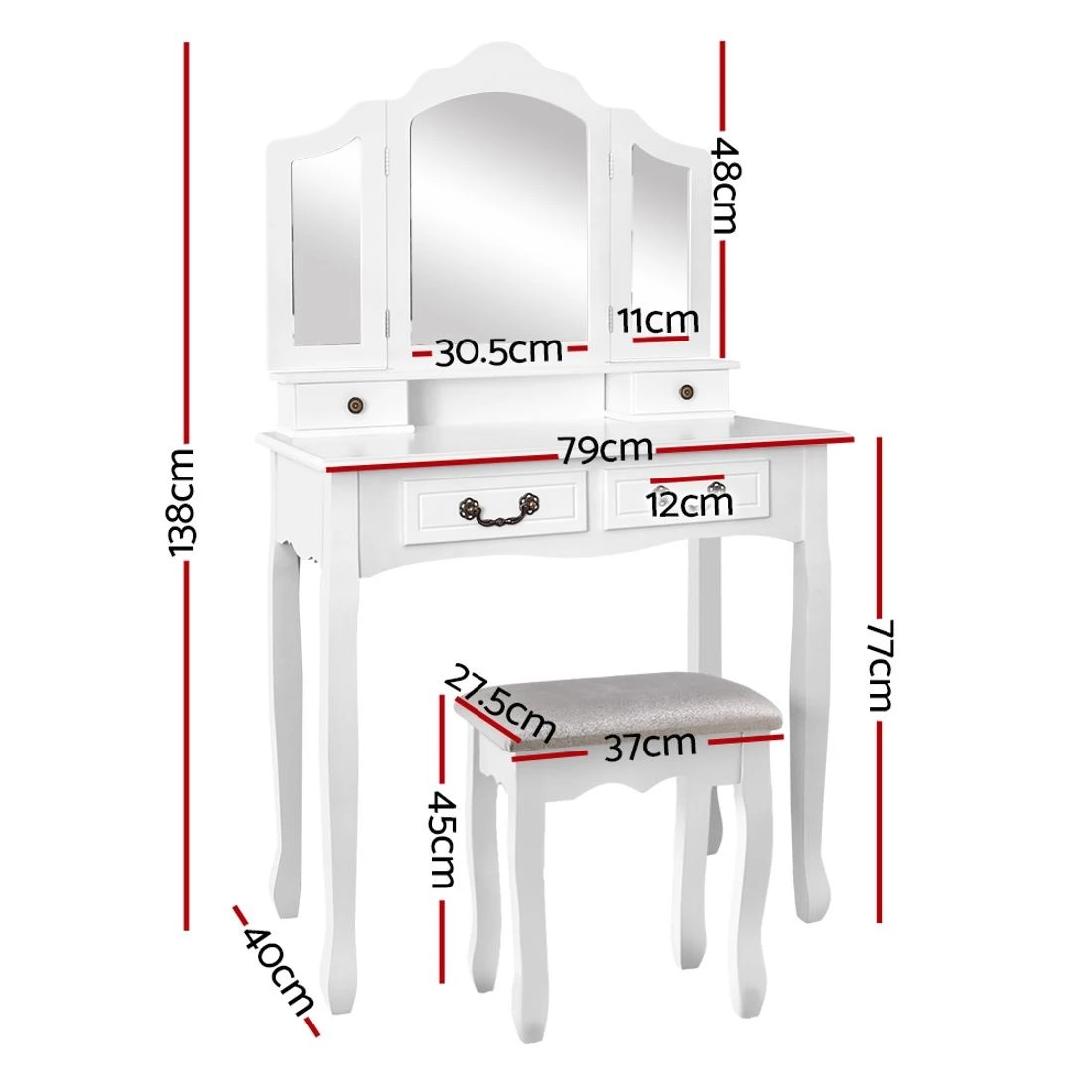 4 Artiss Dressing Table Stool Set Foldable Mirror - White, 4 of 8