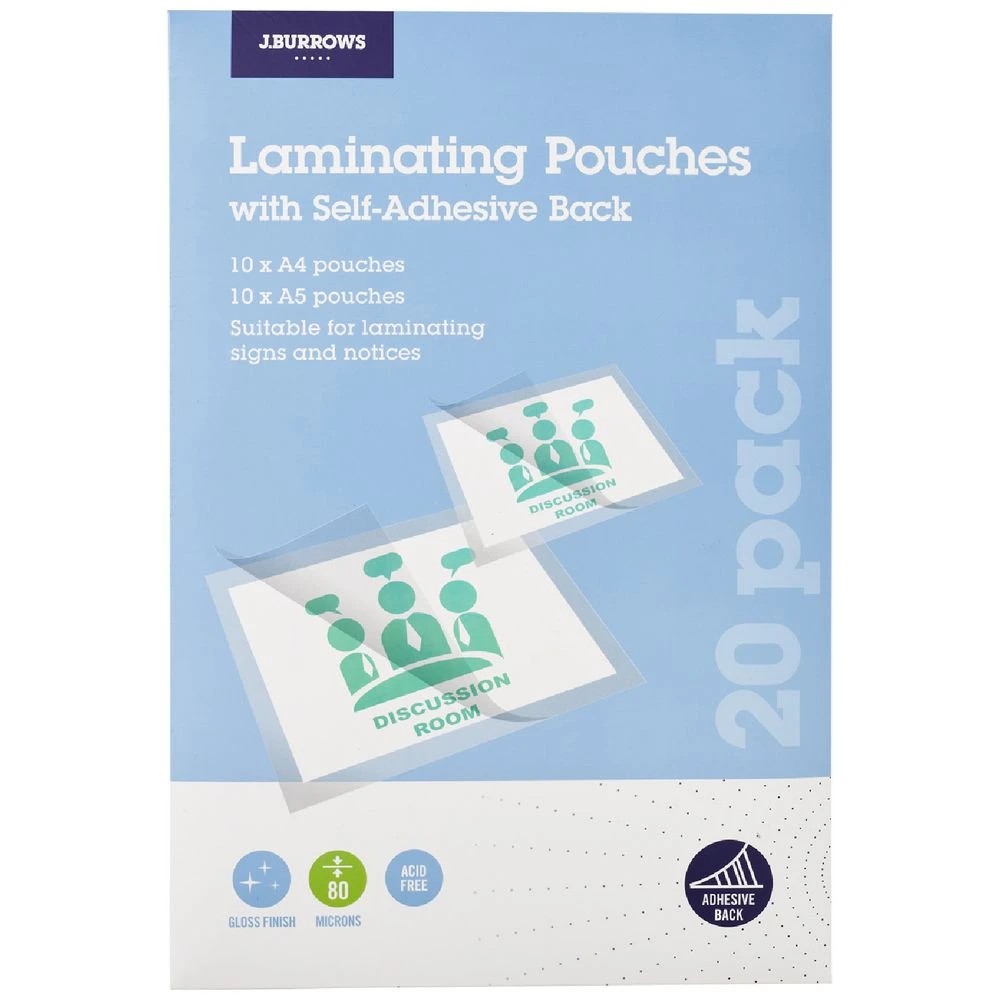 1 J.Burrows A4/A5 Laminating Pouch w/ Self-Adhesive Back 20Pack, 1 of 6