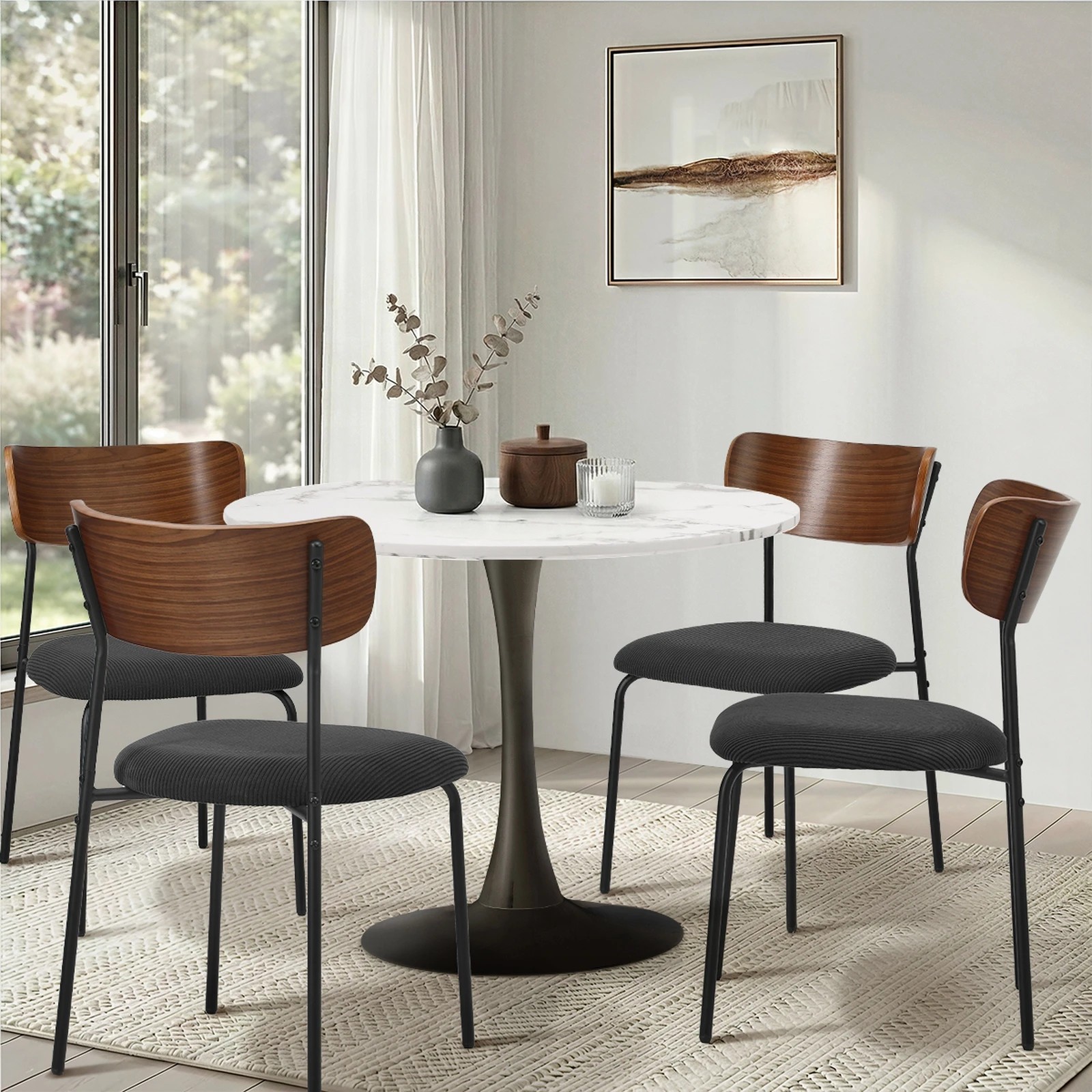 4 Oikiture 4PCS Dining Chairs Kitchen Chair Padded Lounge Seat Corduroy - Black, 4 of 10