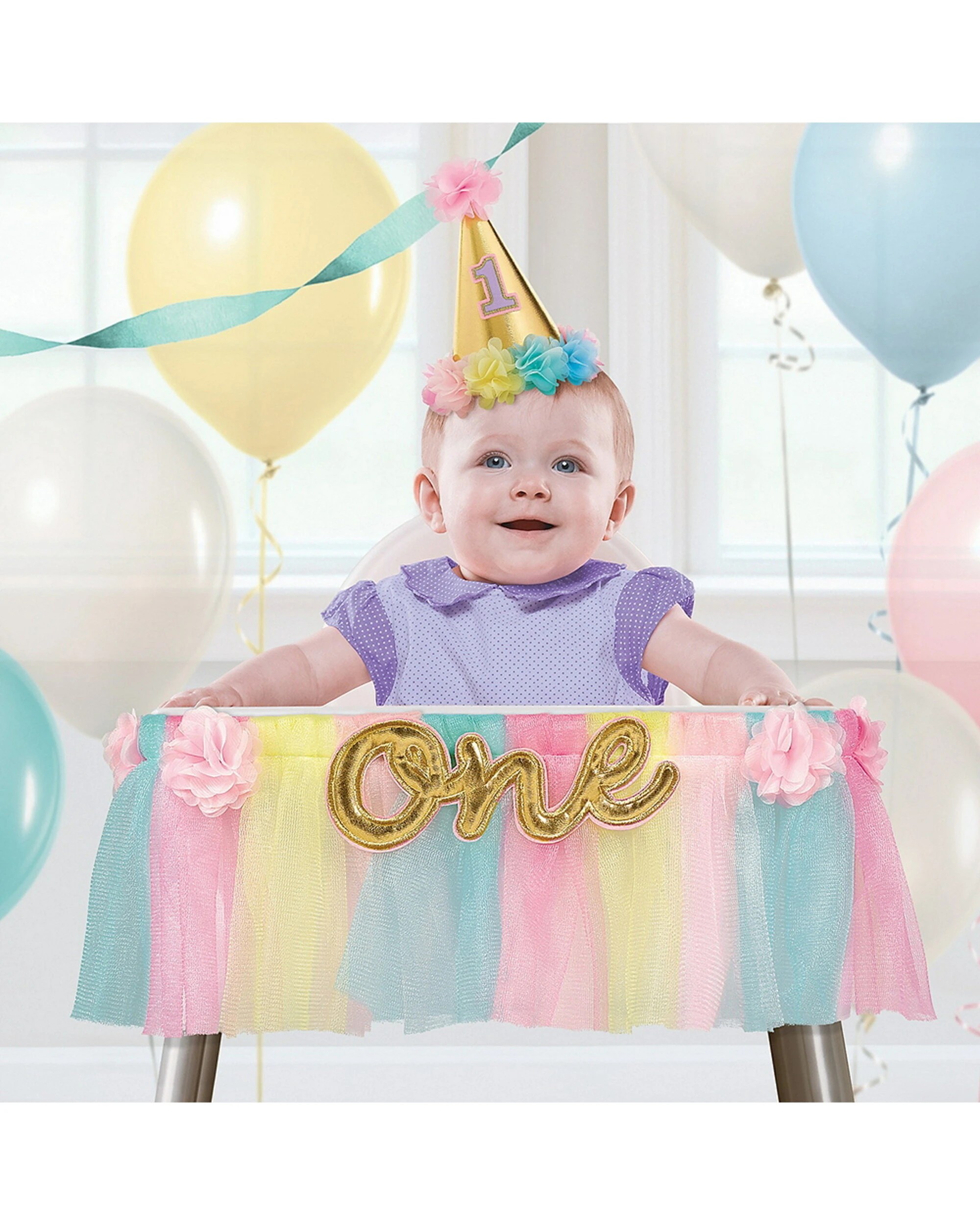 1 Amscan Girls 1st Birthday Deluxe High Chair Decoration - Pastel Rainbow, 1 of 1