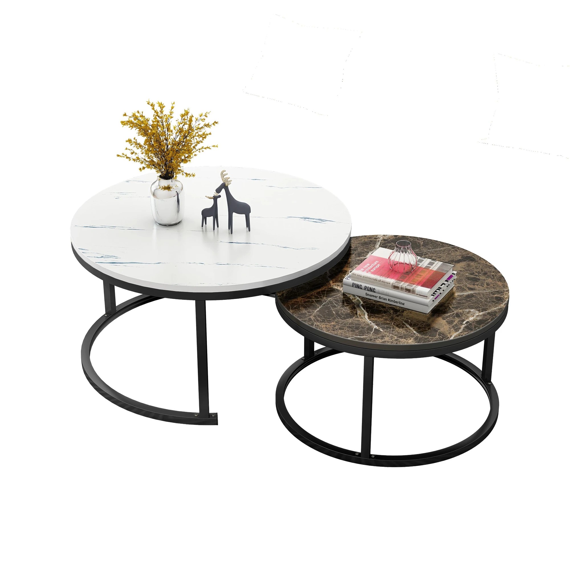 1 Foret Coffee Table Nesting Side 2pc Set 80cm Tea Marble Tempered Glass Brown White, 1 of 6