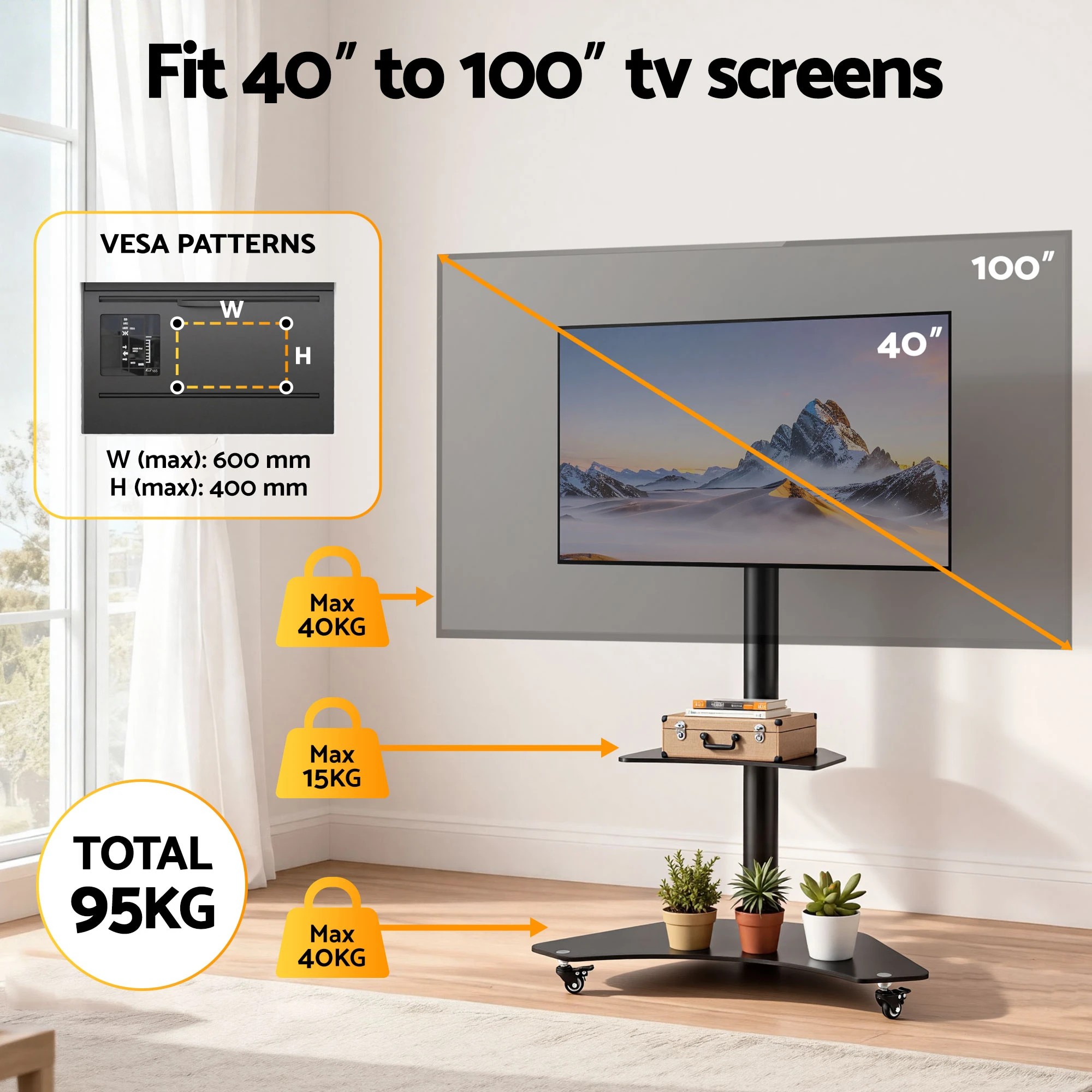 6 Artiss 40-100" TV Stand Mount Bracket Universal Adjustable Height with Wheels - Black, 6 of 10