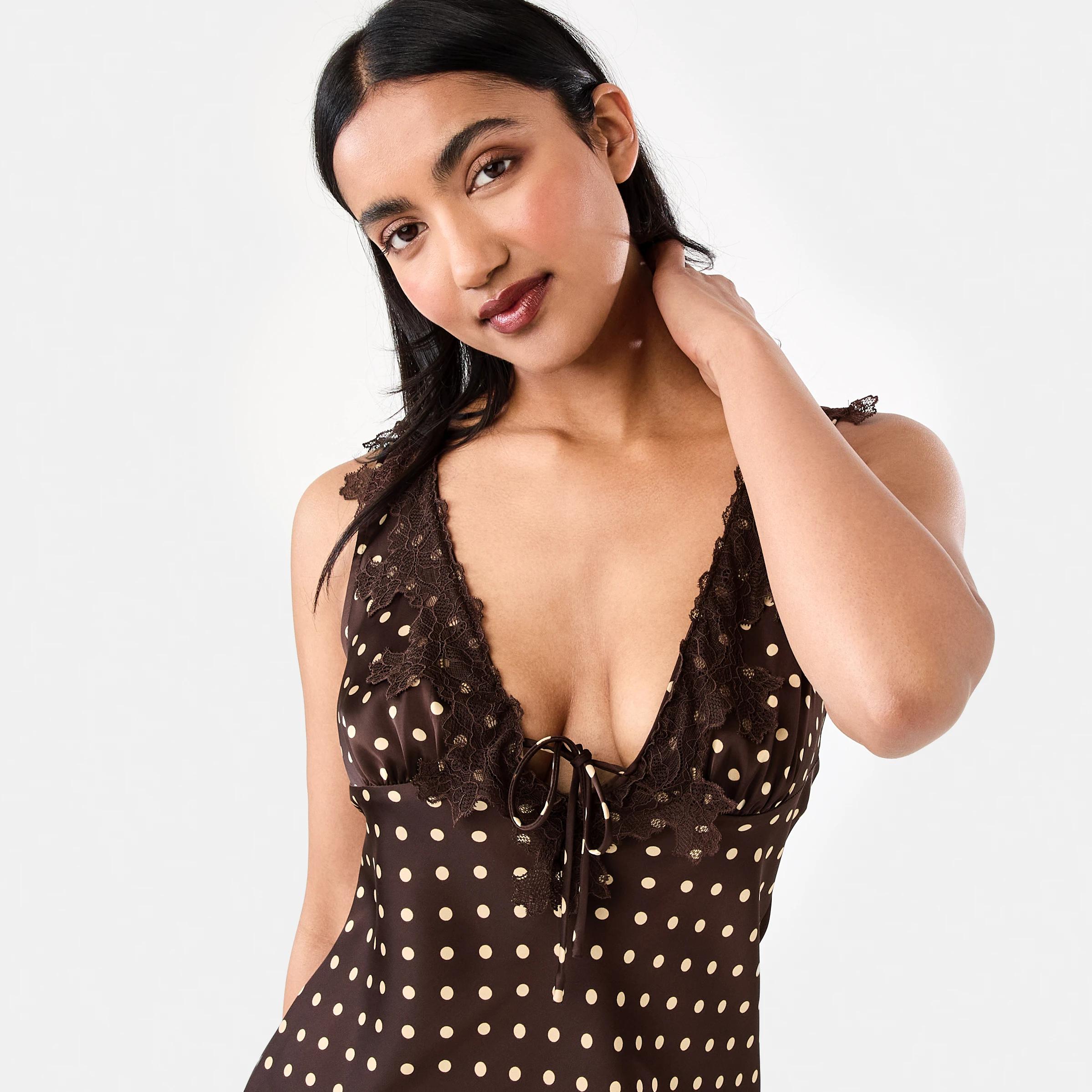 5 Satin Tie Mini Dress Brown Dot, 5 of 7