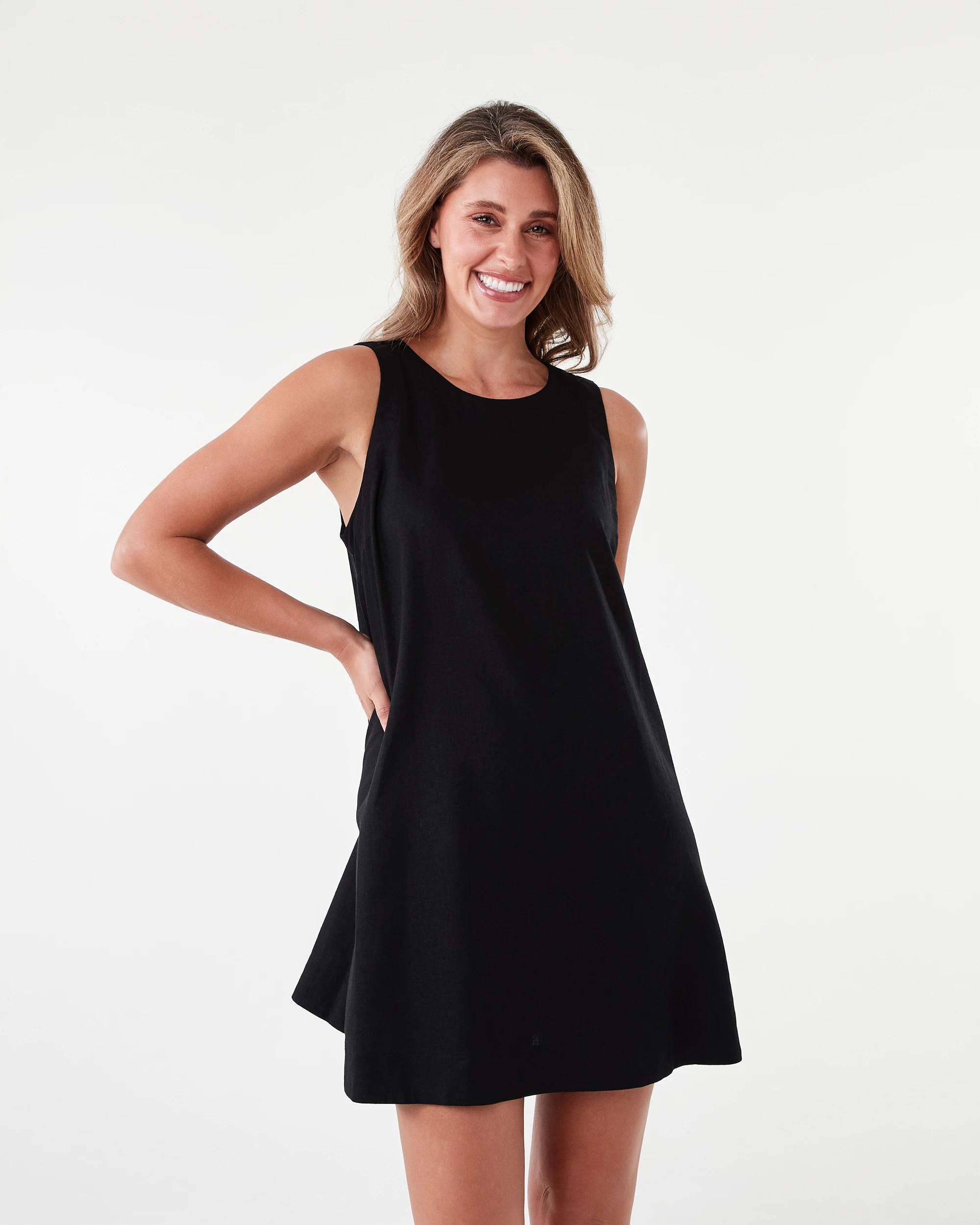 1 Sleeveless Linen Blend Button Detail Mini Dress Black, 1 of 7