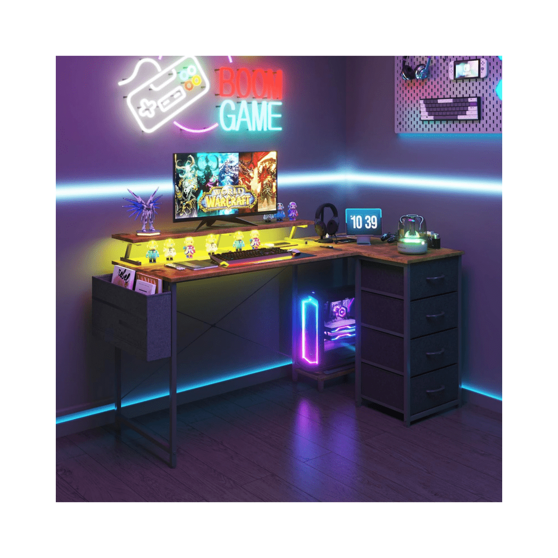 9 Advwin 160cm L Shaped Gaming Desk With Led Lights & Power Outlets Convertible Computer Desk Walnut, 9 of 10