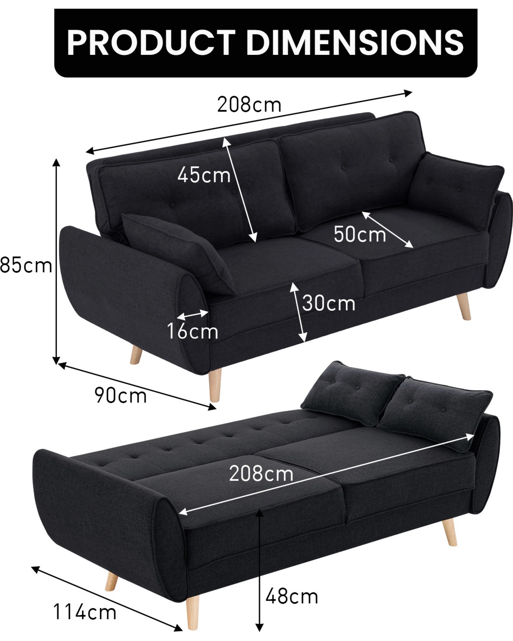 2 Sarantino 3 Seater Modular Linen Fabric Sofa Bed Couch Futon - Black, 2 of 10