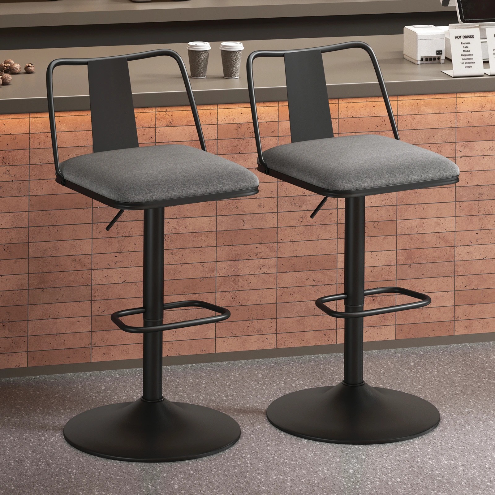 2 Alfordson 2x Bar Stools Gas Lift Fabric Bar Chairs Kitchen Swivel Gloria - Grey, 2 of 10