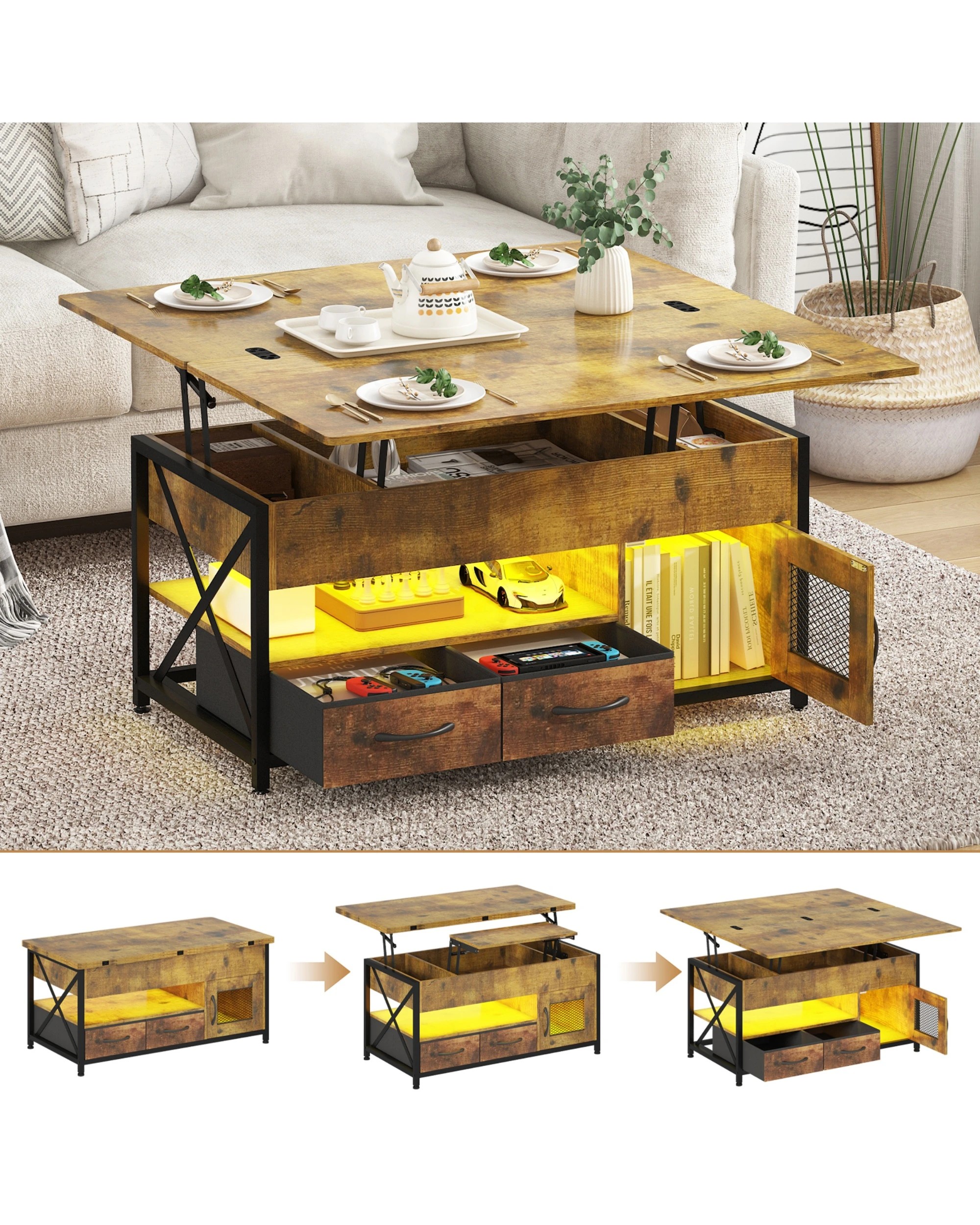 2 Advwin 4-in-1 LED Lift Top Coffee Table w/ Hidden Compartment & Display Shelf Rising Center Table w/ & Drawer & Cabinet, 2 of 10