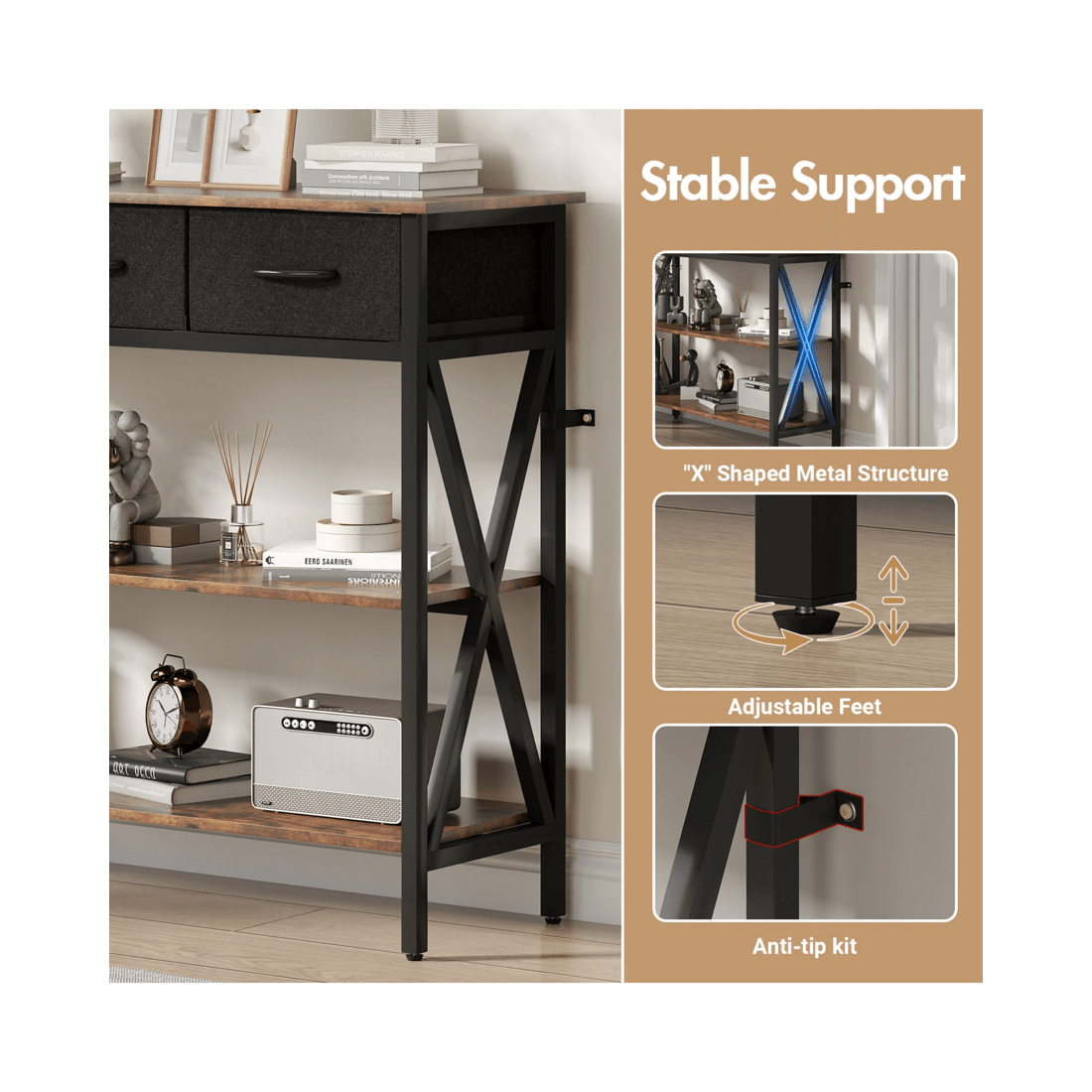 6 Advwin 3-Tier Console Table w/ 3 Drawers Hallway Table Narrow Entryway Display Table Walnut, 6 of 9