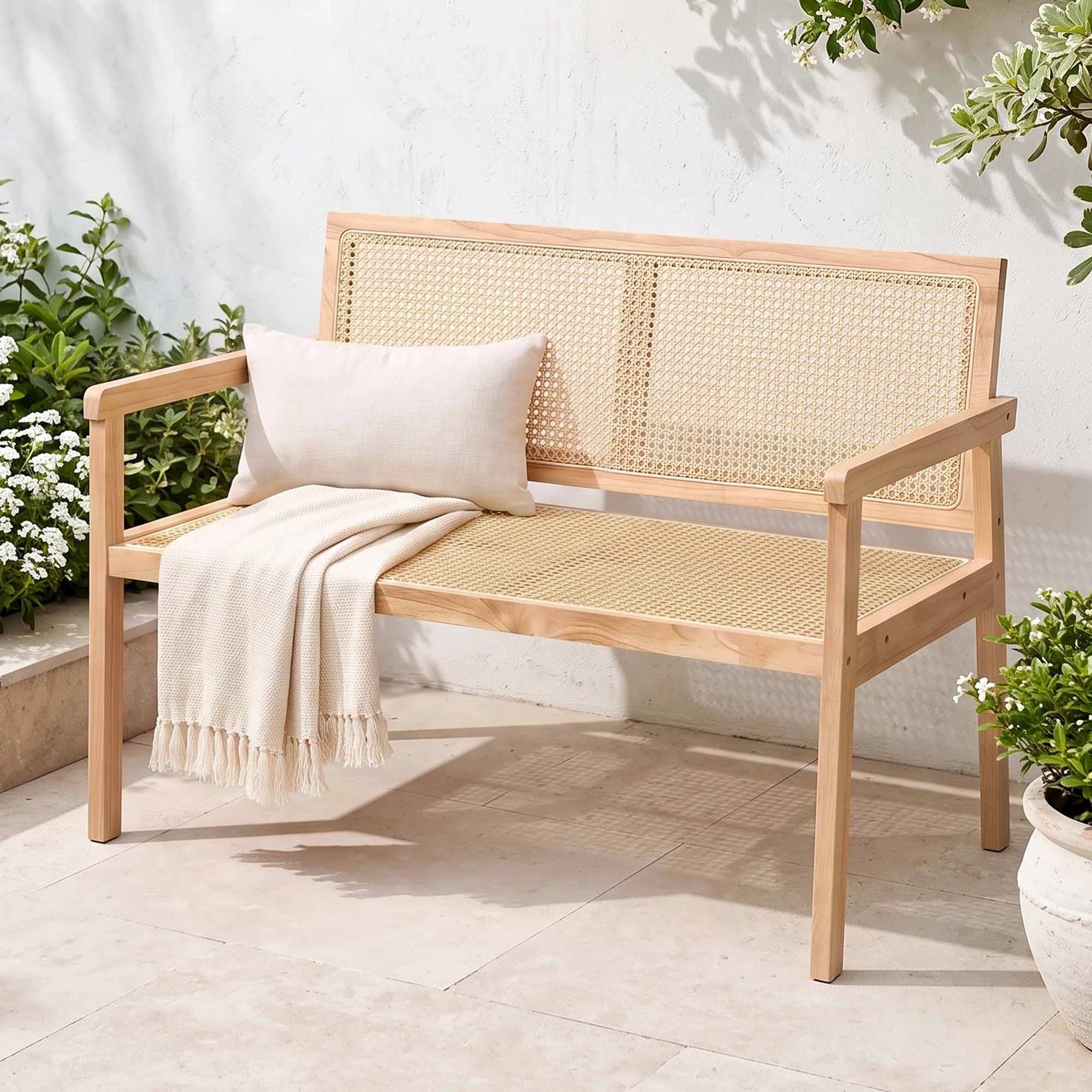 7 Gardeon Garden Bench Wooden Bench Outdoor PVC Woven Seat Backrest 107cm - Natural, 7 of 7