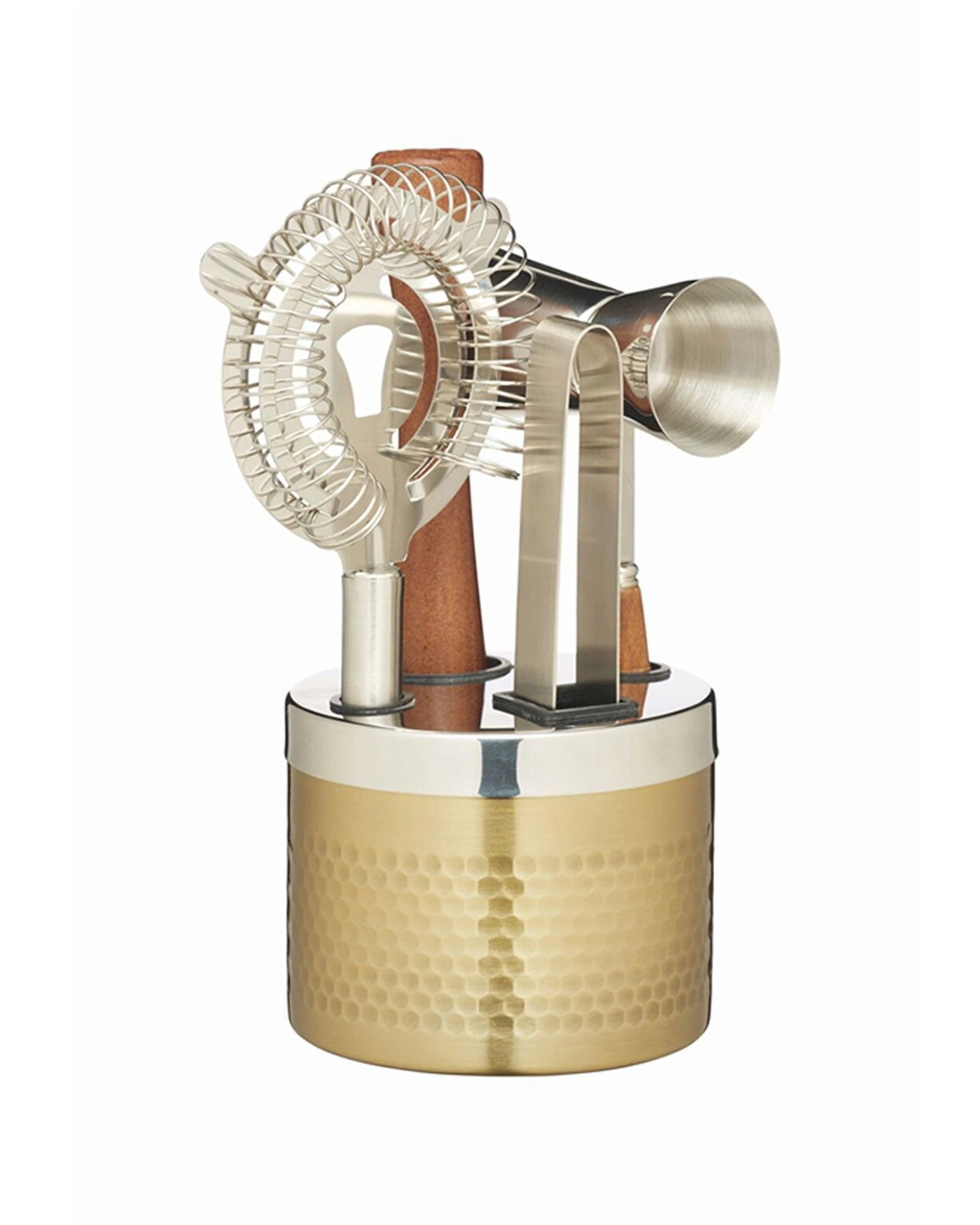 1 BarCraft 5pc Cocktail Muddler Strainer Set Hammered Brass Finish - Silver, 1 of 7