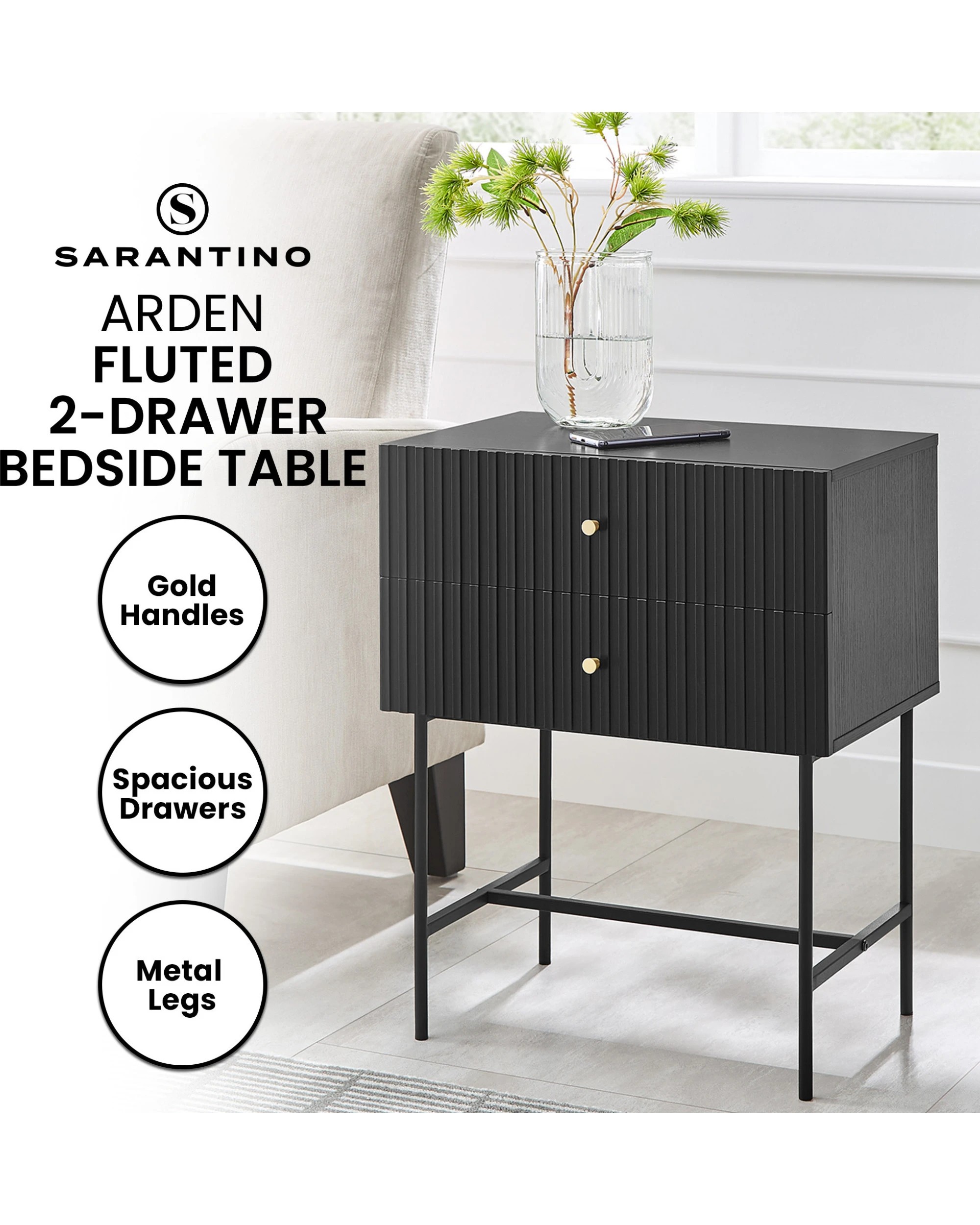 5 Sarantino Arden Fluted 2-Drawer Bedside Table Night Stand - Black, 5 of 5