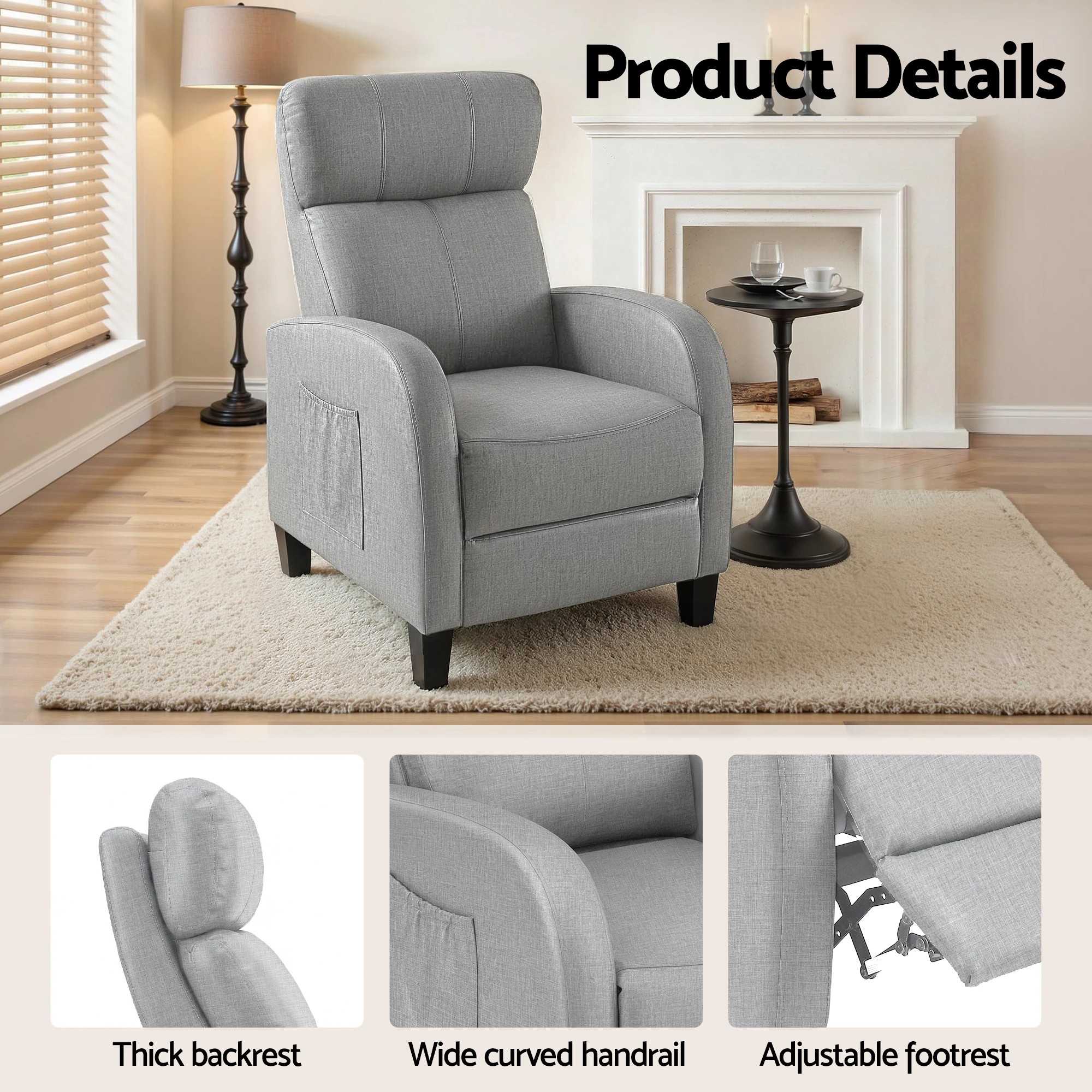 5 Artiss Massage Recliner Chair Small Recliner Sofa for Adults Fabric - Grey, 5 of 6