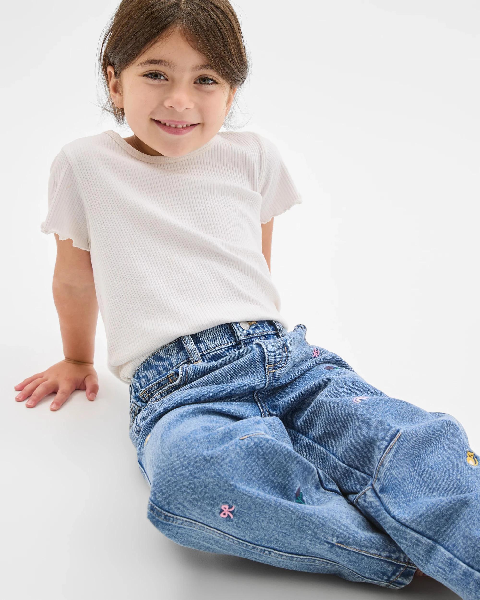 1 Target Kids Embroidered Barrel Leg Denim Jeans BLUE, 1 of 6
