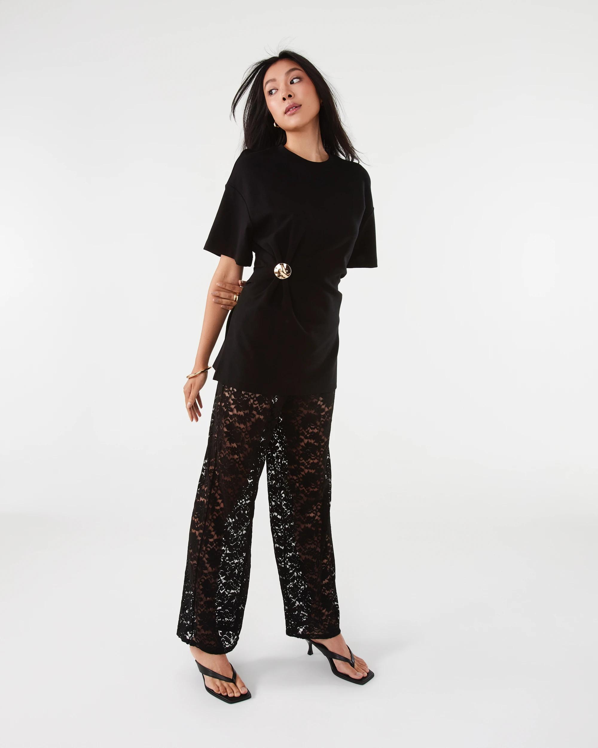 3 Short Sleeve Knit Mesh Gold Detail Maxi Dress Black, 3 of 7