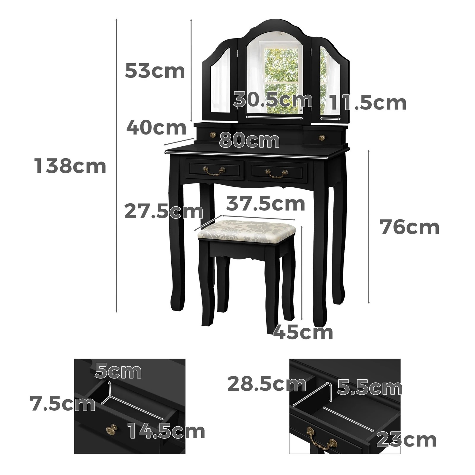 9 Alfordson Dressing Table Stool Set Makeup Foldable Mirror Vanity Desk - Black, 9 of 10