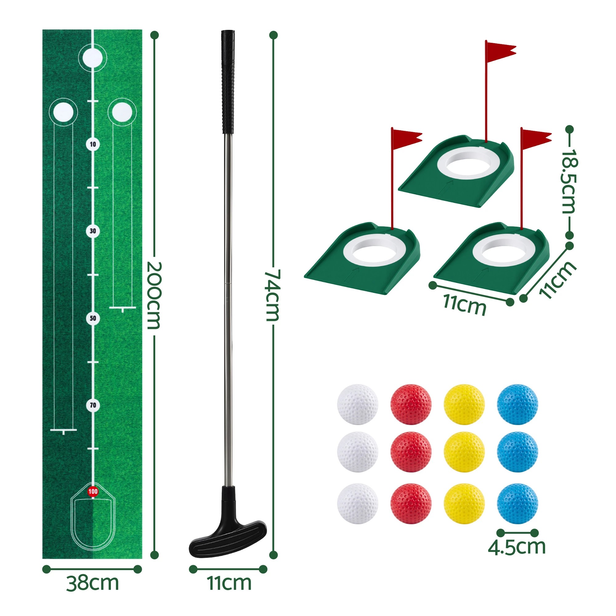 2 Keezi Kids Golf Putting Game Set with Golf Club, Putting Mat, 12 Balls, 3 Target Holes, Indoor Outdoor - Green, 2 of 7
