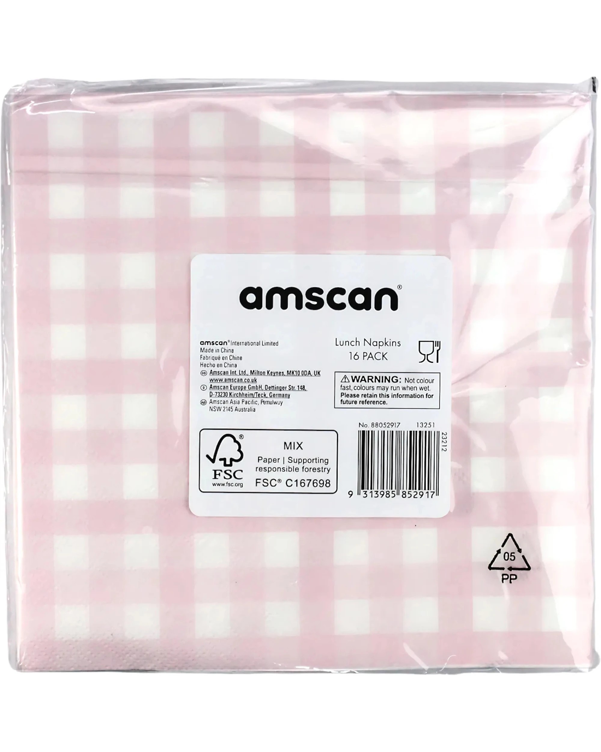 2 Amscan Gingham Large Napkins / Serviettes Pack of 16 - Pastel Pink - Pastel Pink, White, 2 of 2