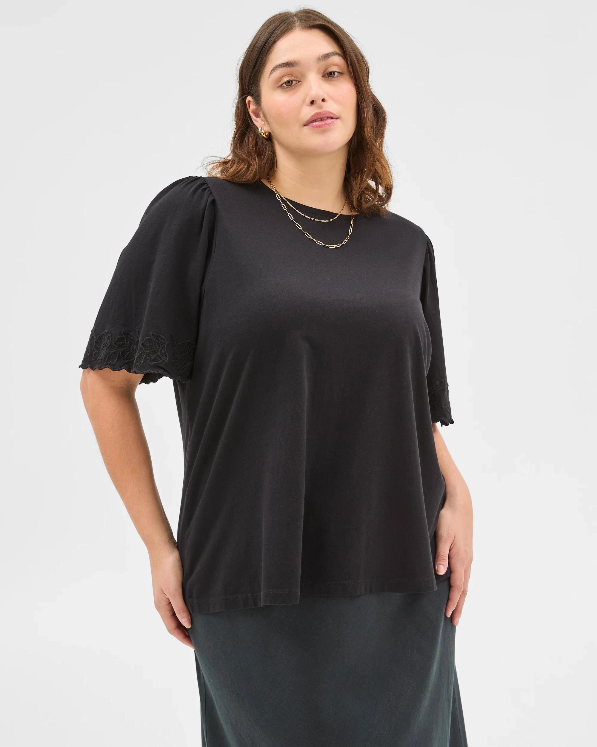 2 Target Plus Size Australian Cotton Embroidered Sleeve T-Shirt BLACK, 2 of 5