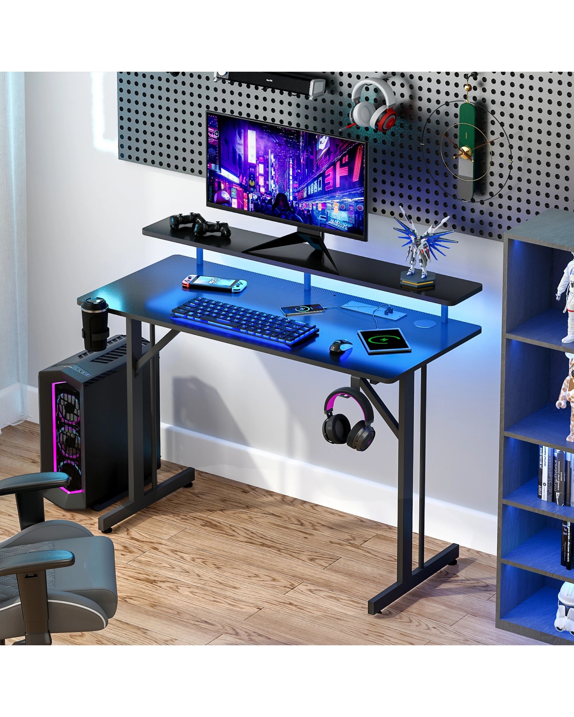 3 Advwin Gaming Desk With Led Lights & Power Outlets 100cm Computer Desk With Monitor Stand, 3 of 9