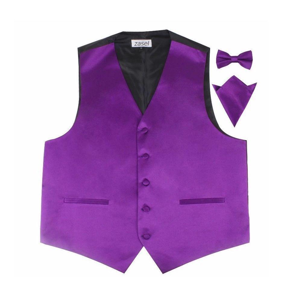 1 Zasel Mens Plain Vest Waistcoat & Matching Bow Tie & Pocket Square DARK PURPLE, 1 of 1