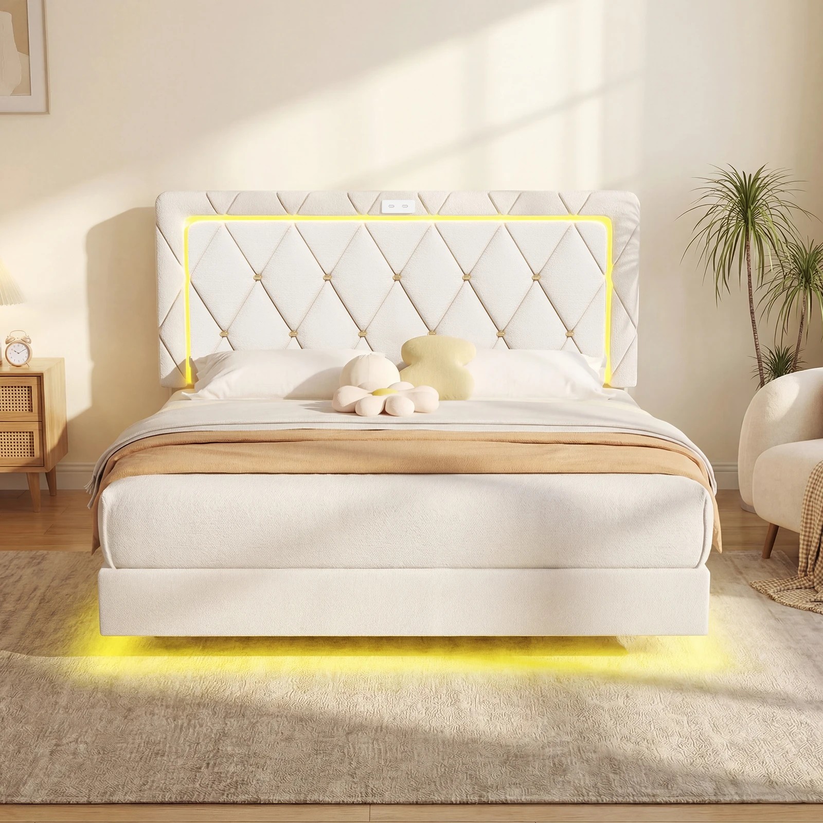 7 Advwin Double Velvet Button-Tufted Floating Bed Frame with LED and USB - Beige, 7 of 9