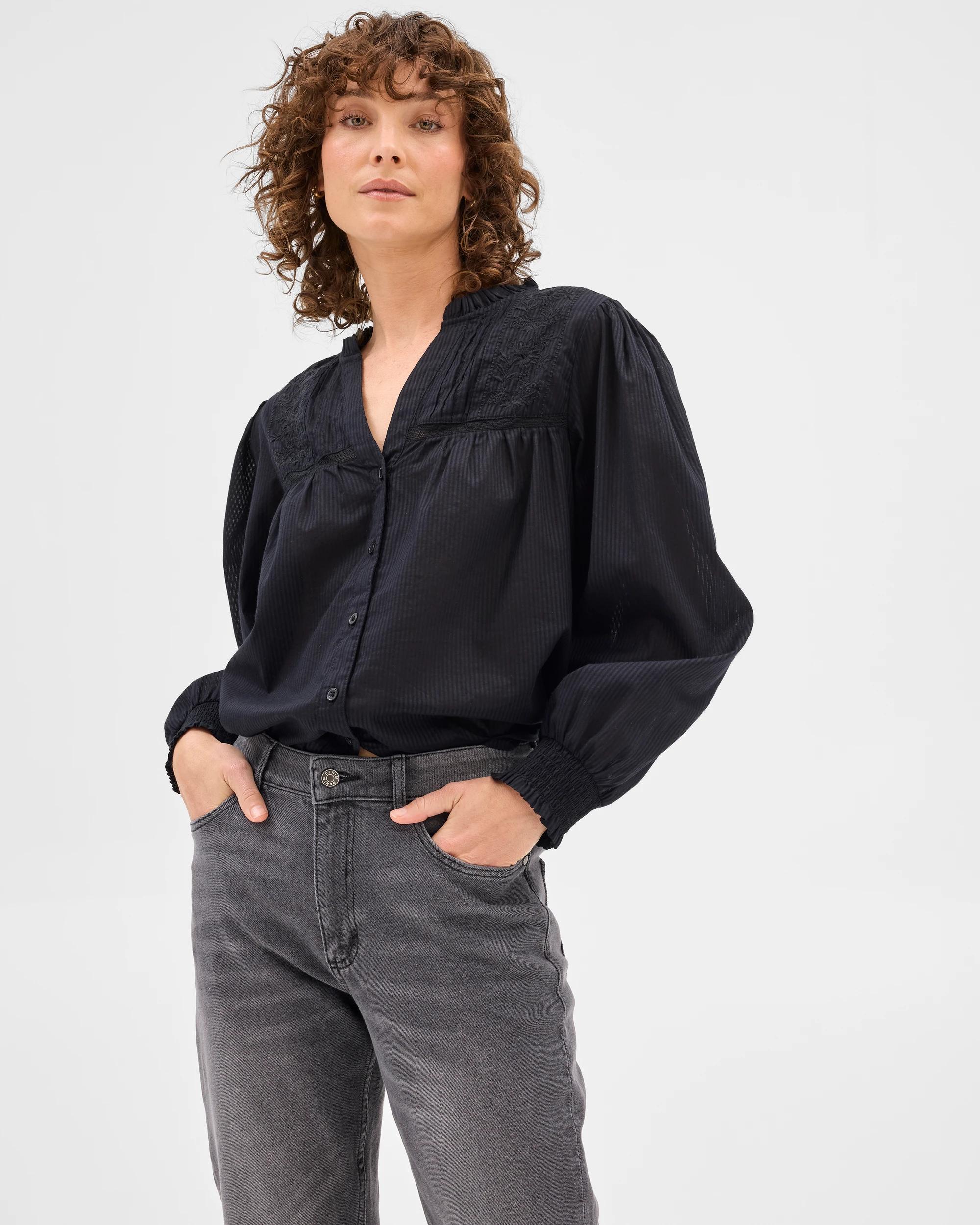 1 Target Long Sleeve Broderie Blouse BLACK STRIPE, 1 of 6