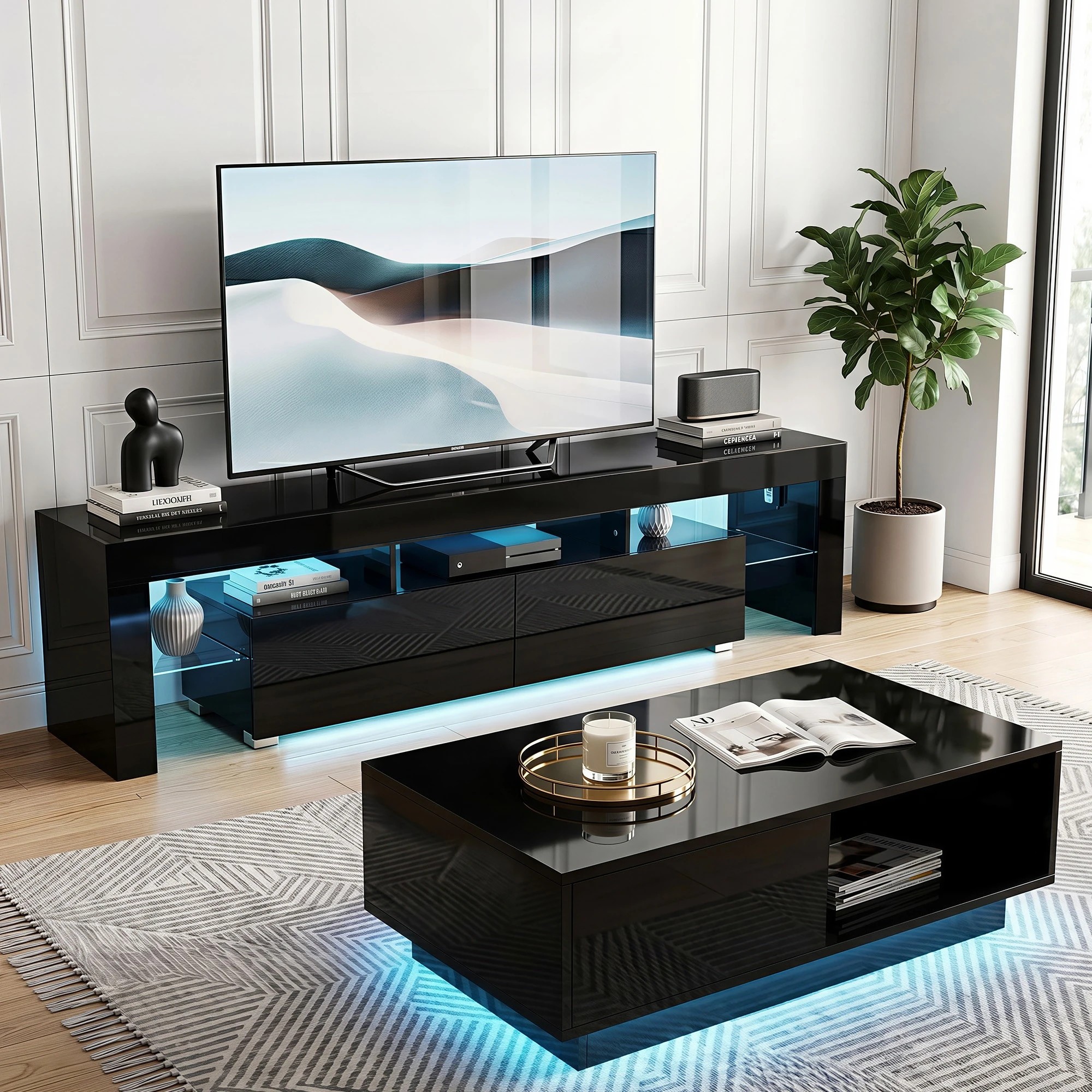 8 Artiss LED TV Unit & Coffee Table Set Storage Cabinet - Black, 8 of 9