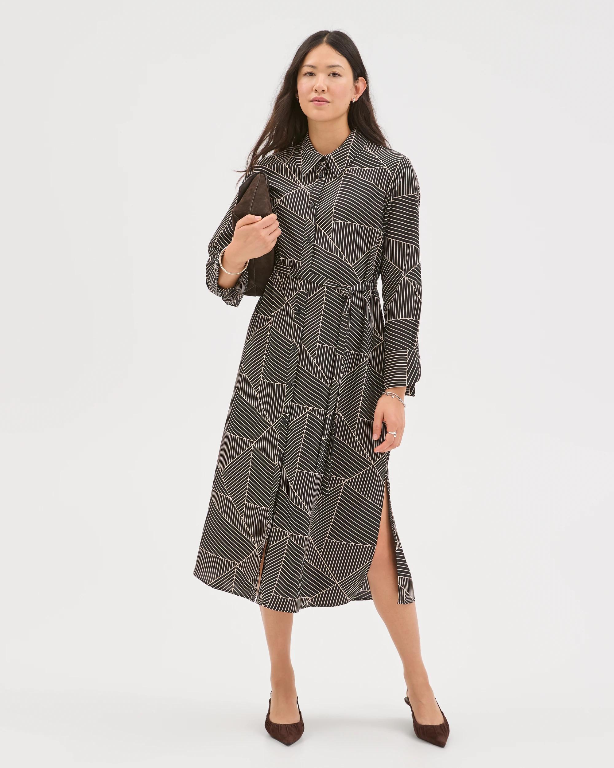 3 Preview Long Sleeve Crossover Midi Shirt Dress BLACK SPLICED GEO, 3 of 7