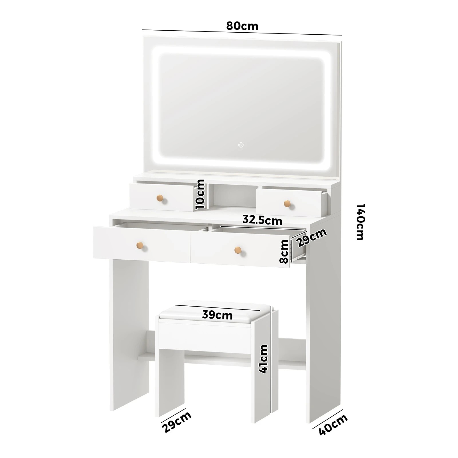 9 Oikiture Dressing Table Stool Set Led Mirror Vanity Desk With Drawers
 - White, 9 of 9