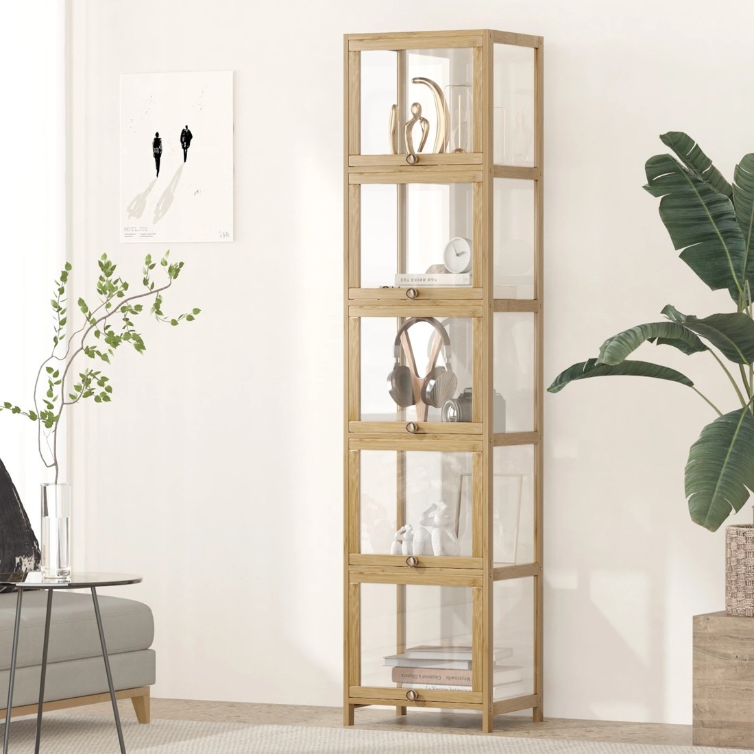 2 Oikiture Display Cabinet Slim Storage 5-tier Shelves Clear Bookcase Rack
 - Natural, 2 of 9