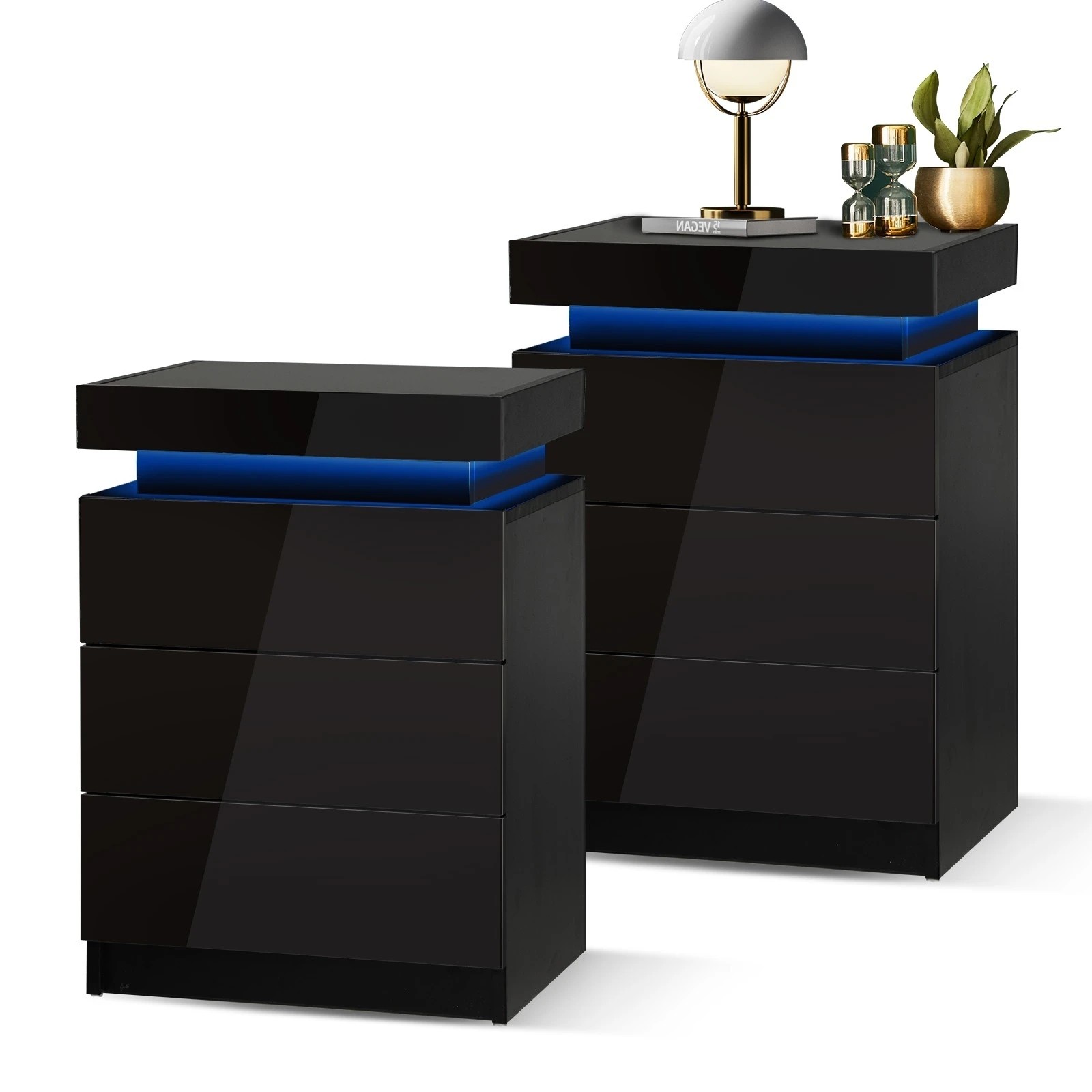 1 Oikiture Bedside Tables Set of 2 LED Nightstand Cabinet Side Table - Black, 1 of 4