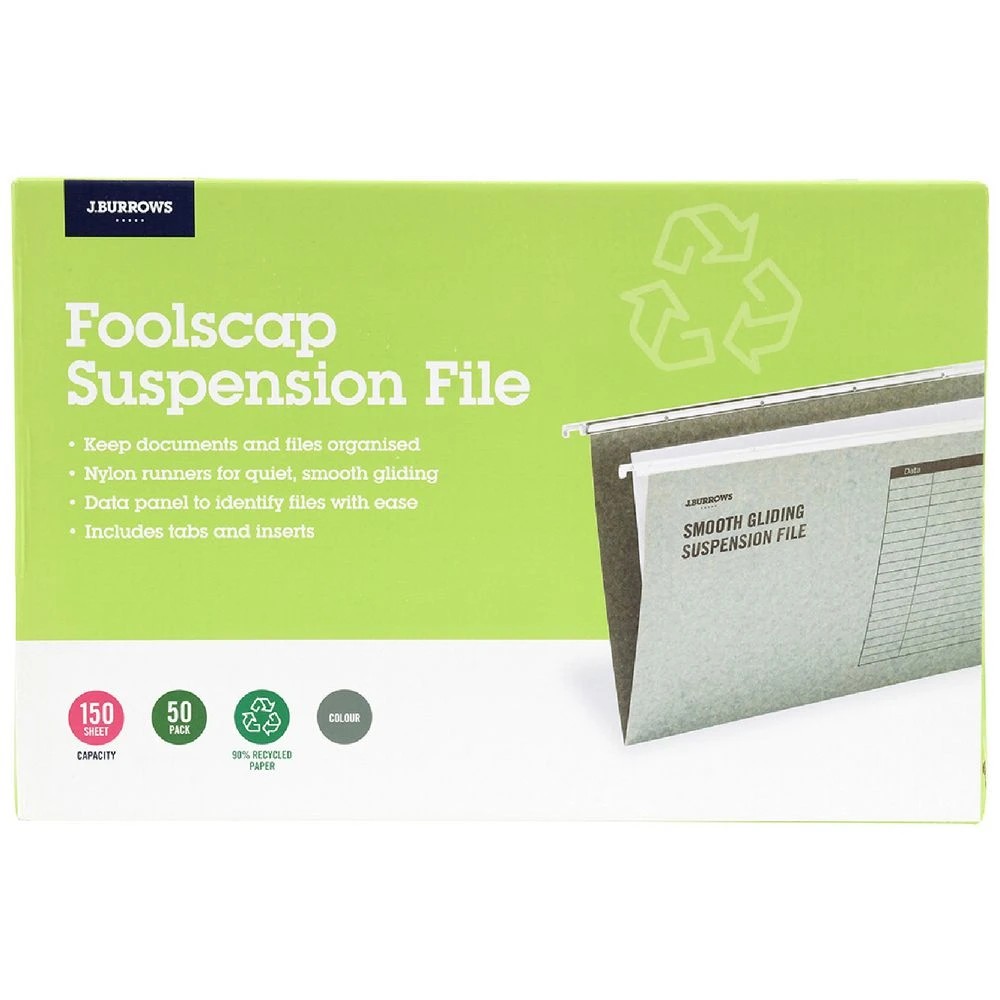 1 J.Burrows Foolscap Suspension Files Green 50 Pack, 1 of 2