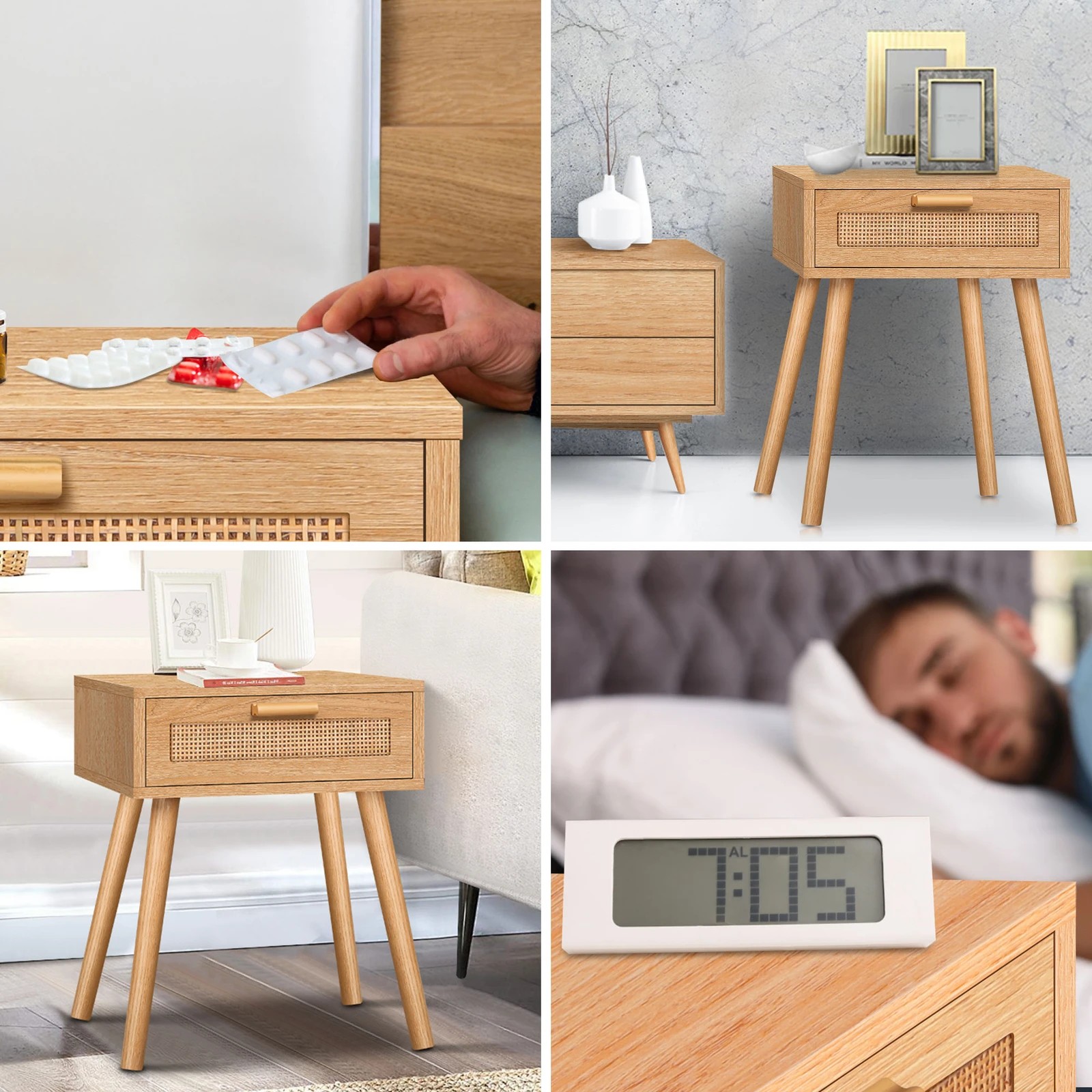 4 Alfordson 2x Bedside Table Nightstand Side Storage Rattan - Oak, 4 of 10