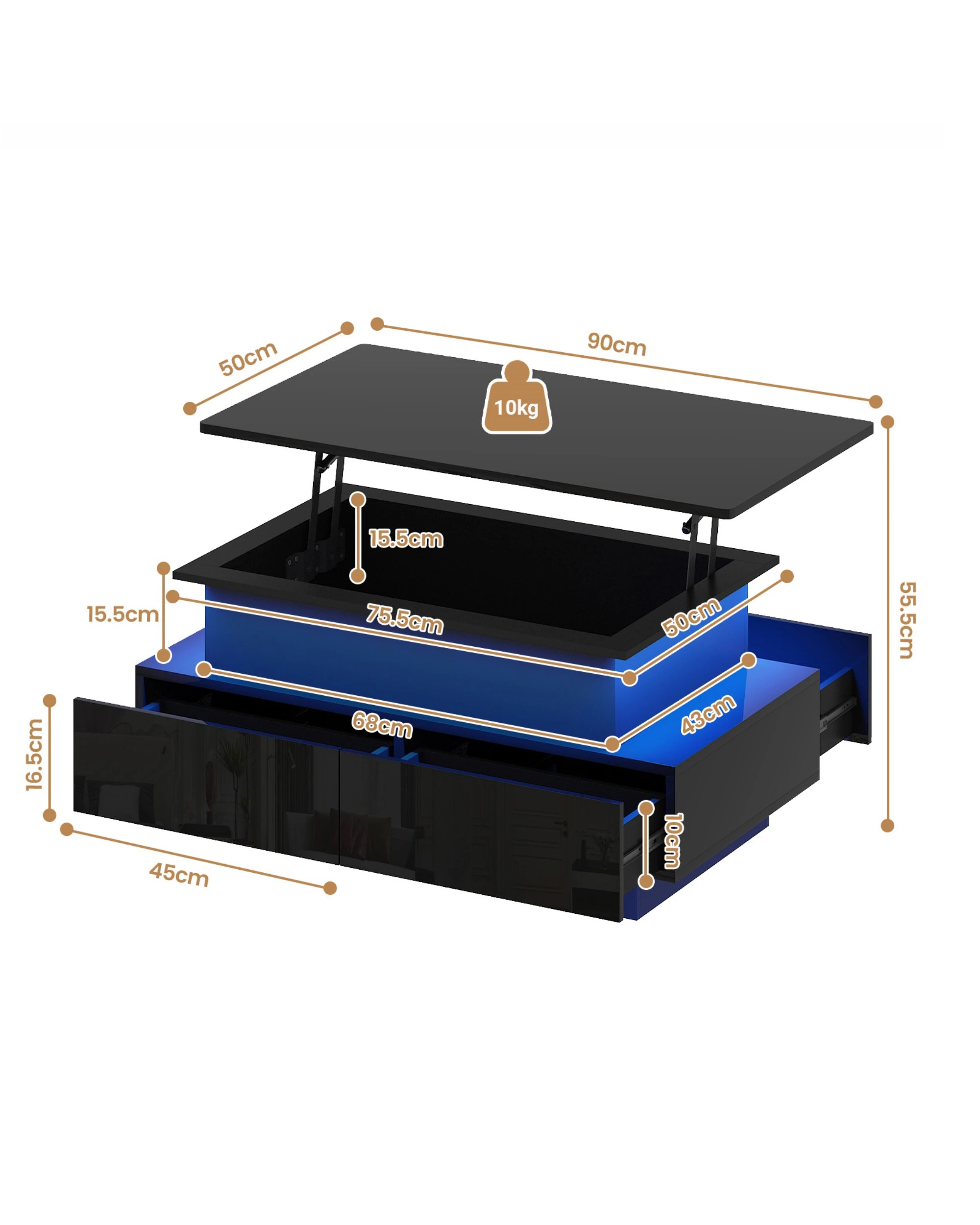 9 Advwin Lift Top Coffee Table w/ LED Lights Hidden Compartment & 4 Drawers High Gloss Central Table w/ Lift Tabletop, 9 of 9