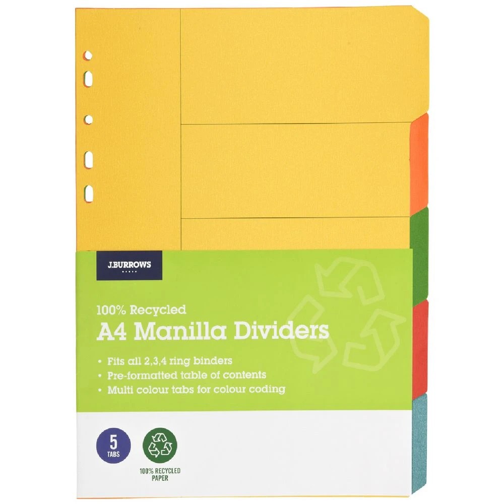 1 J.Burrows A4 5 Tab Dividers Bright Colours, 1 of 3