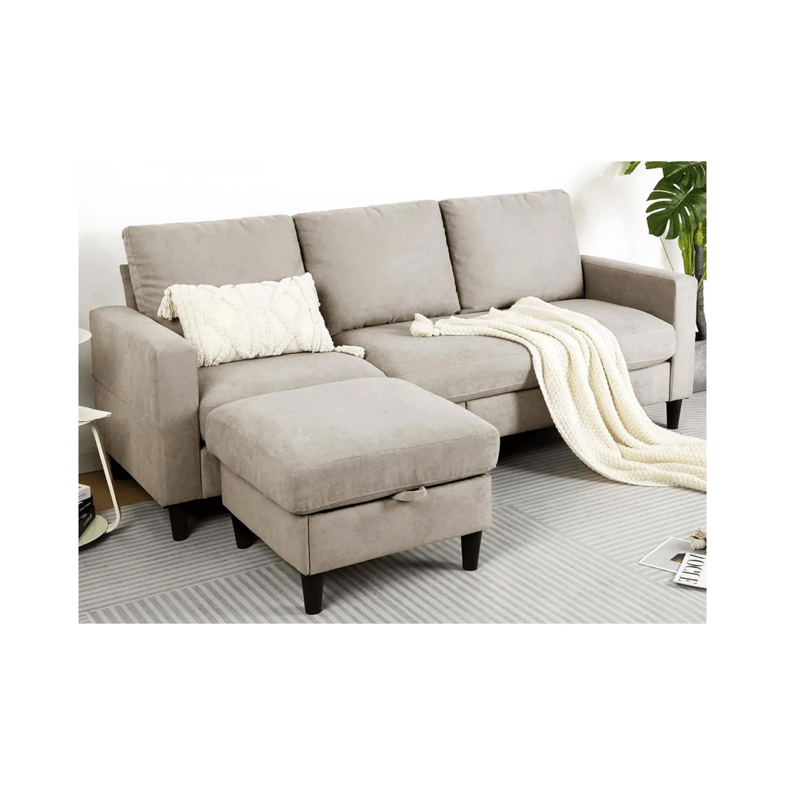 3 Advwin 3 Seater Sofa Modular Lounge Chaise Set With Storage Ottoman Beige, 3 of 10