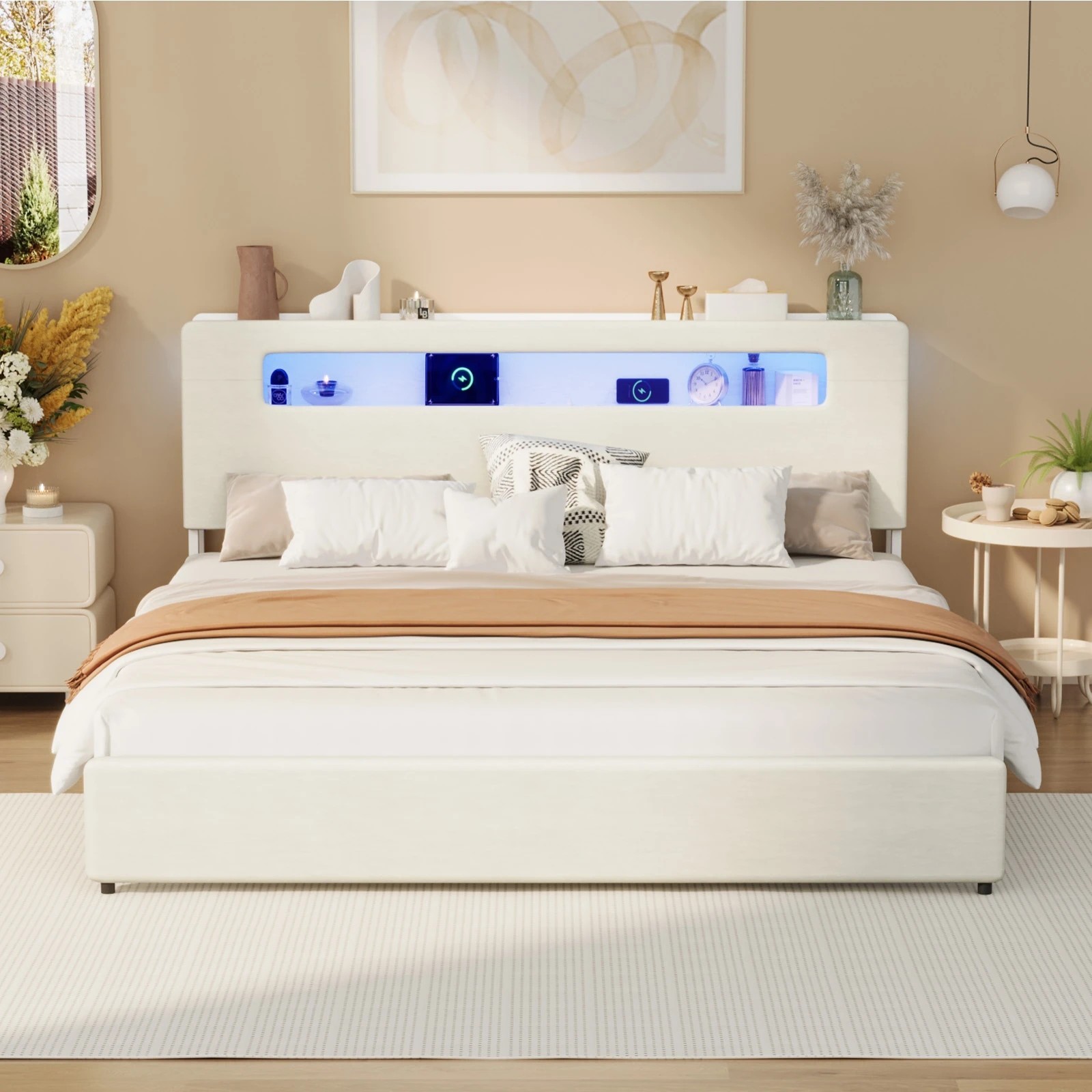 3 Oikiture Bed Frame King Size with LED Lights USB Charging Storage Headboad - White, 3 of 6