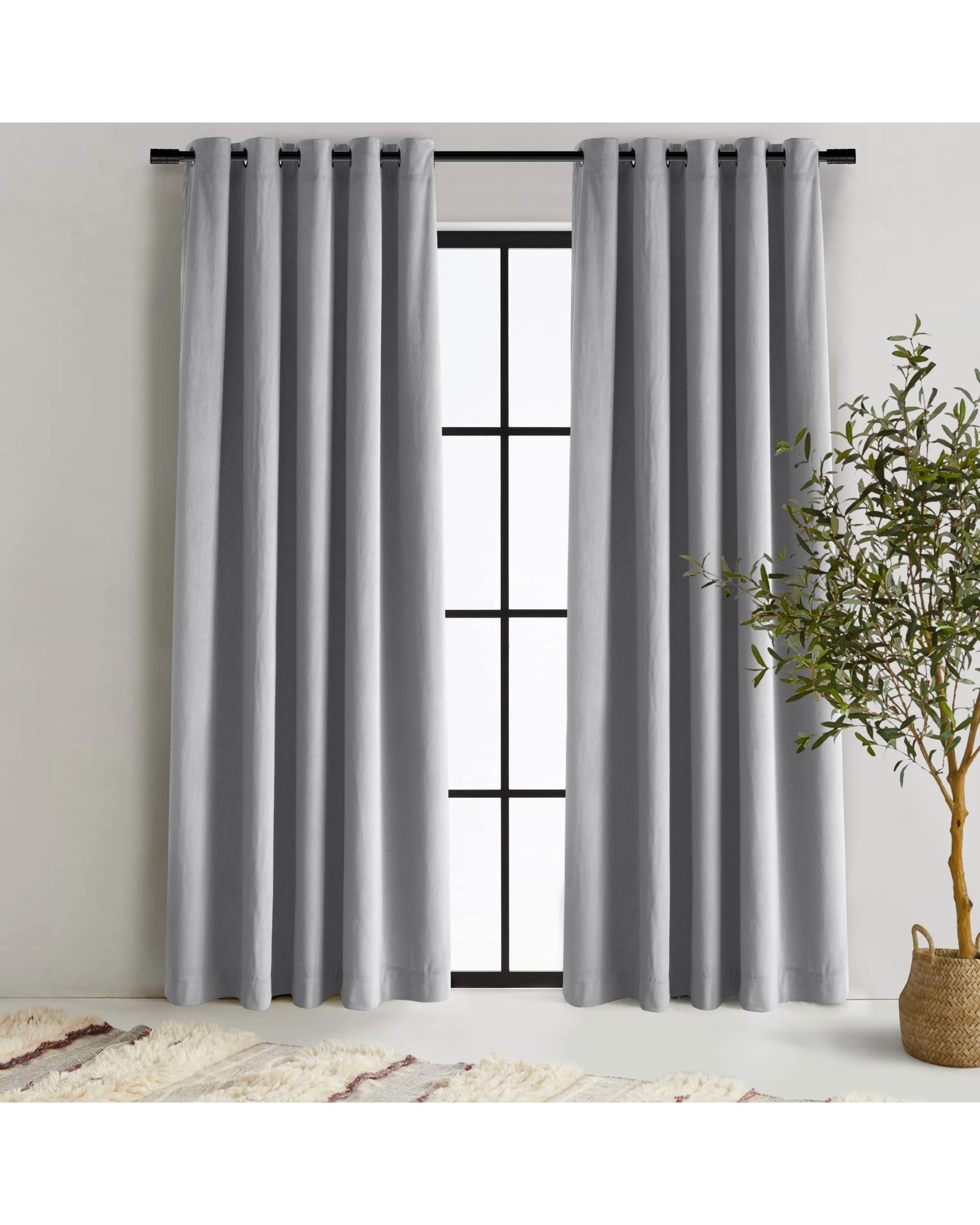 1 Cadence & Co. Byron Matte Velvet 100% Blockout Eyelet Curtain Twin Pack 90x223cm - Silver, 1 of 5