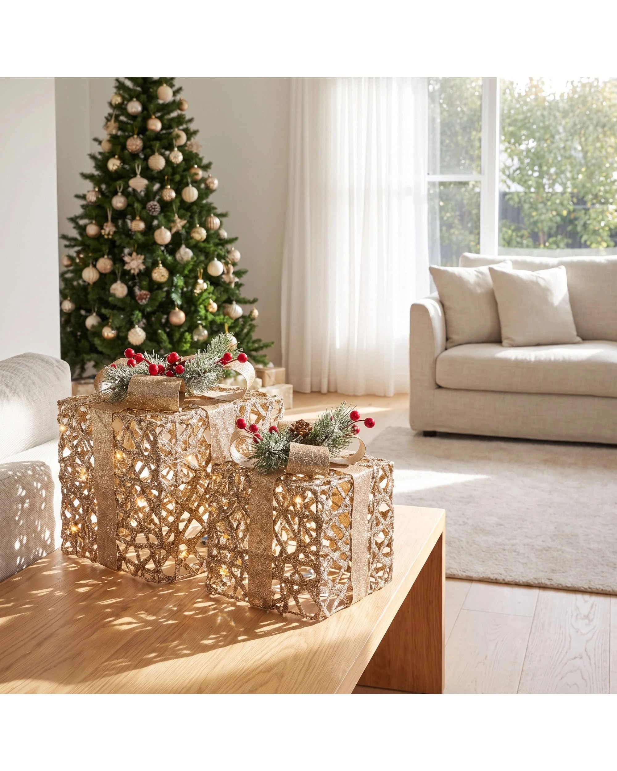 4 Christabelle 2 Pale Champagne Christmas Gift Boxes Light Up Display 35cm 28cm Indoor Xmas Festive Decoration - Gold, 4 of 5