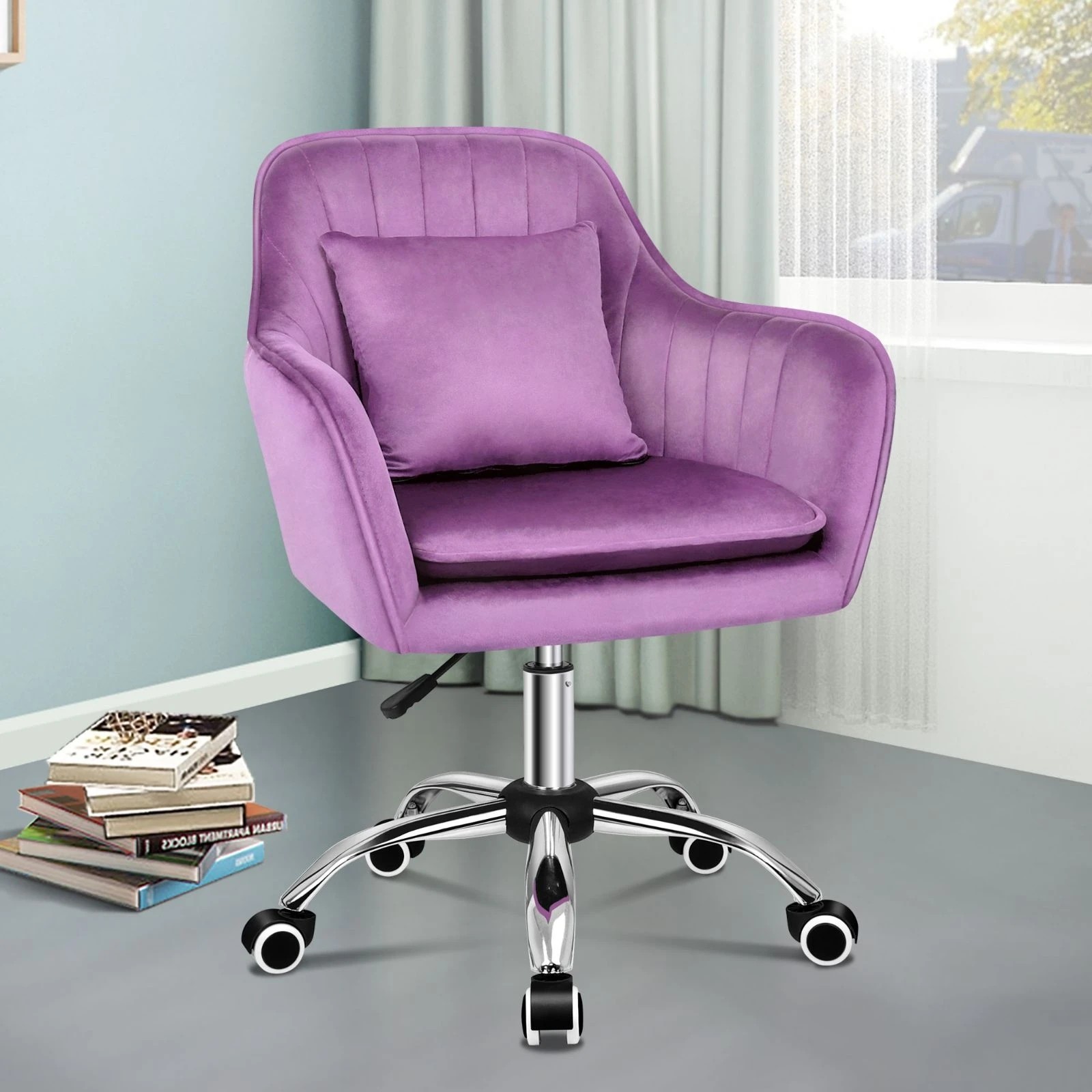 8 Alfordson Velvet Office Chair Fabric Computer Swivel Armchair Work Adult Kids - Purple, 8 of 10