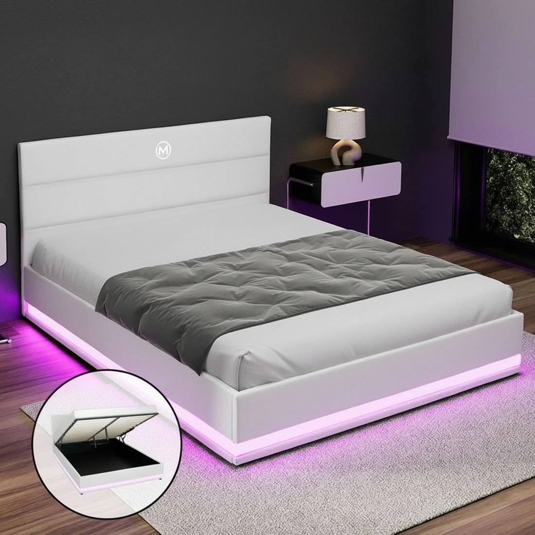 1 Artiss Bed Frame Queen Size LED Gas Lift
 - white, 1 of 7