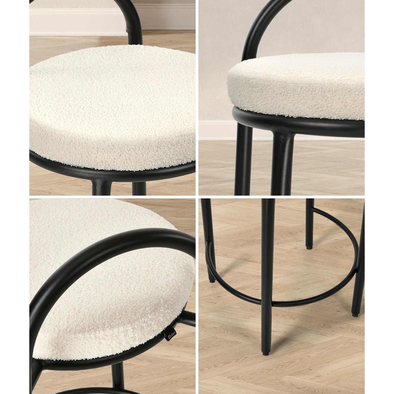 5 Oikiture 2x Bar Stools Dining Chairs Round Counter Seat Boucle - White, 5 of 9