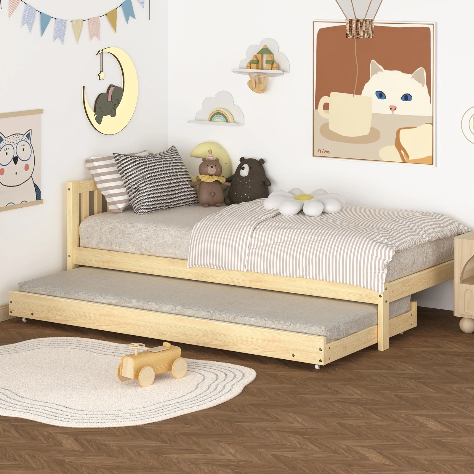 6 Alfordson Bed Frame 2x Single Size Trundle Wooden Mattress Base Timber - Natural, 6 of 10