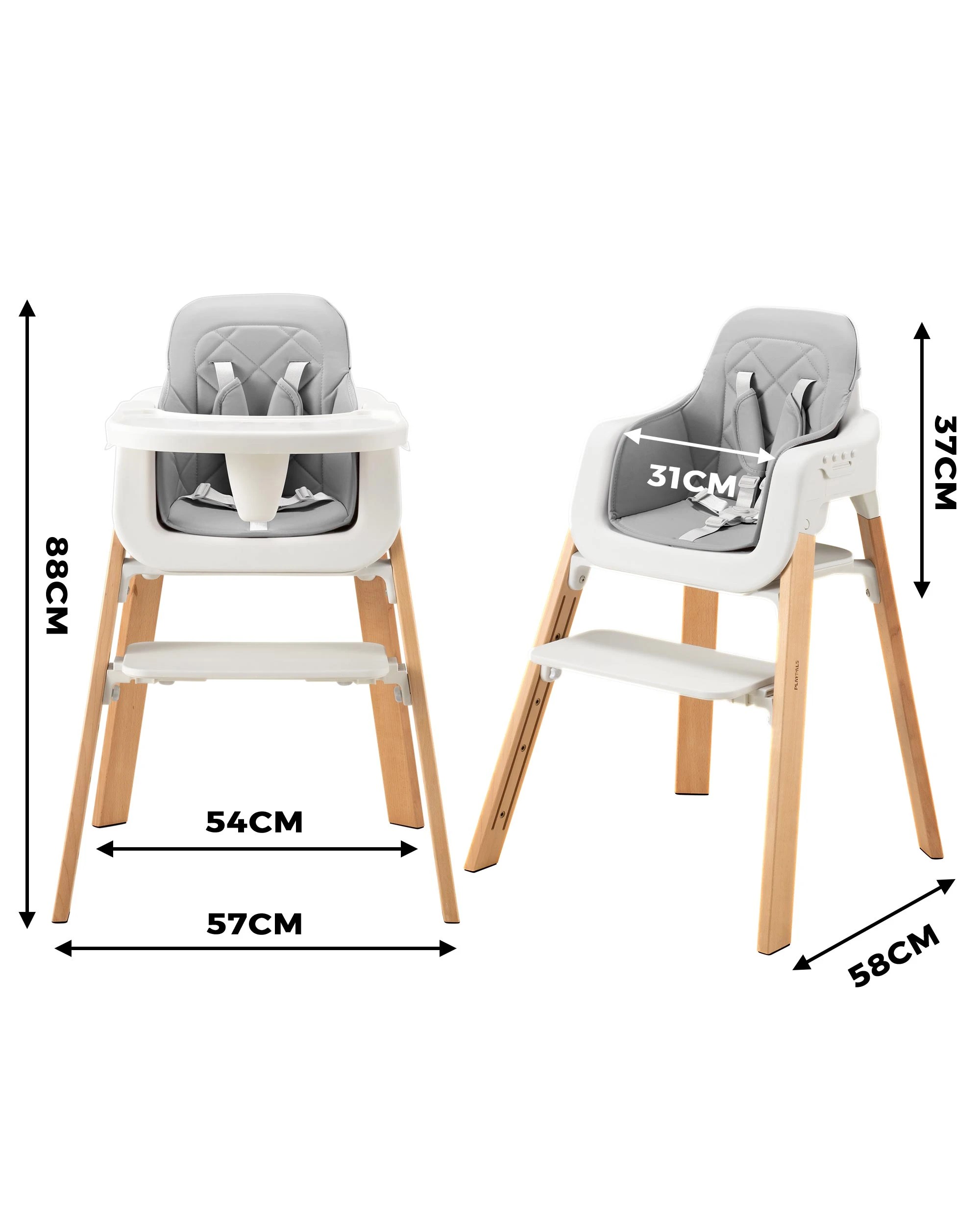 9 PlayPals 3-In-1 Baby High Chair Wooden Feeding Chair Toddler Chair Grey for 6M-12Y, 9 of 9
