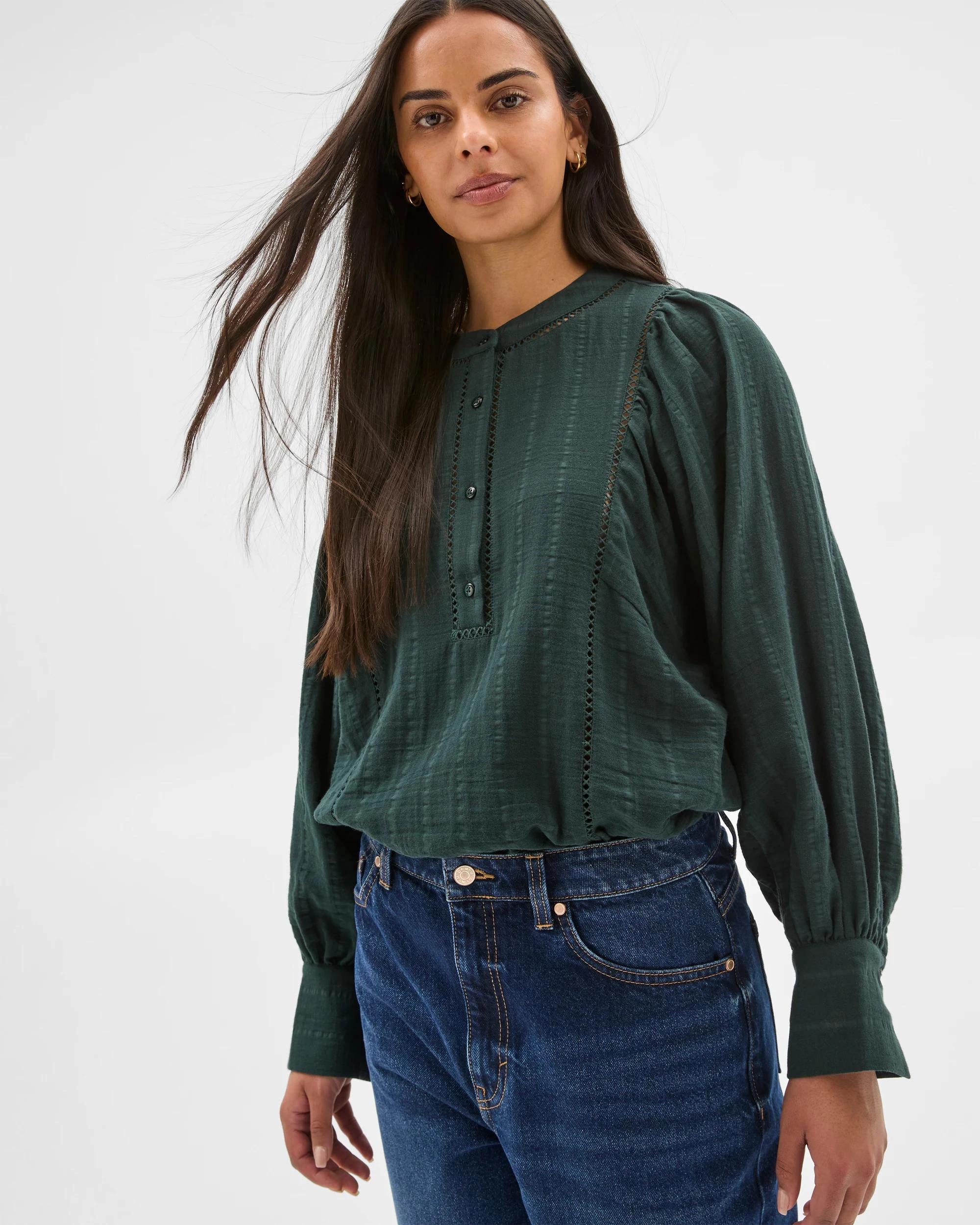 4 Target Woman Double Cloth Long Puff Sleeve Lace Trim Shirt MIDNIGHT JADE, 4 of 7