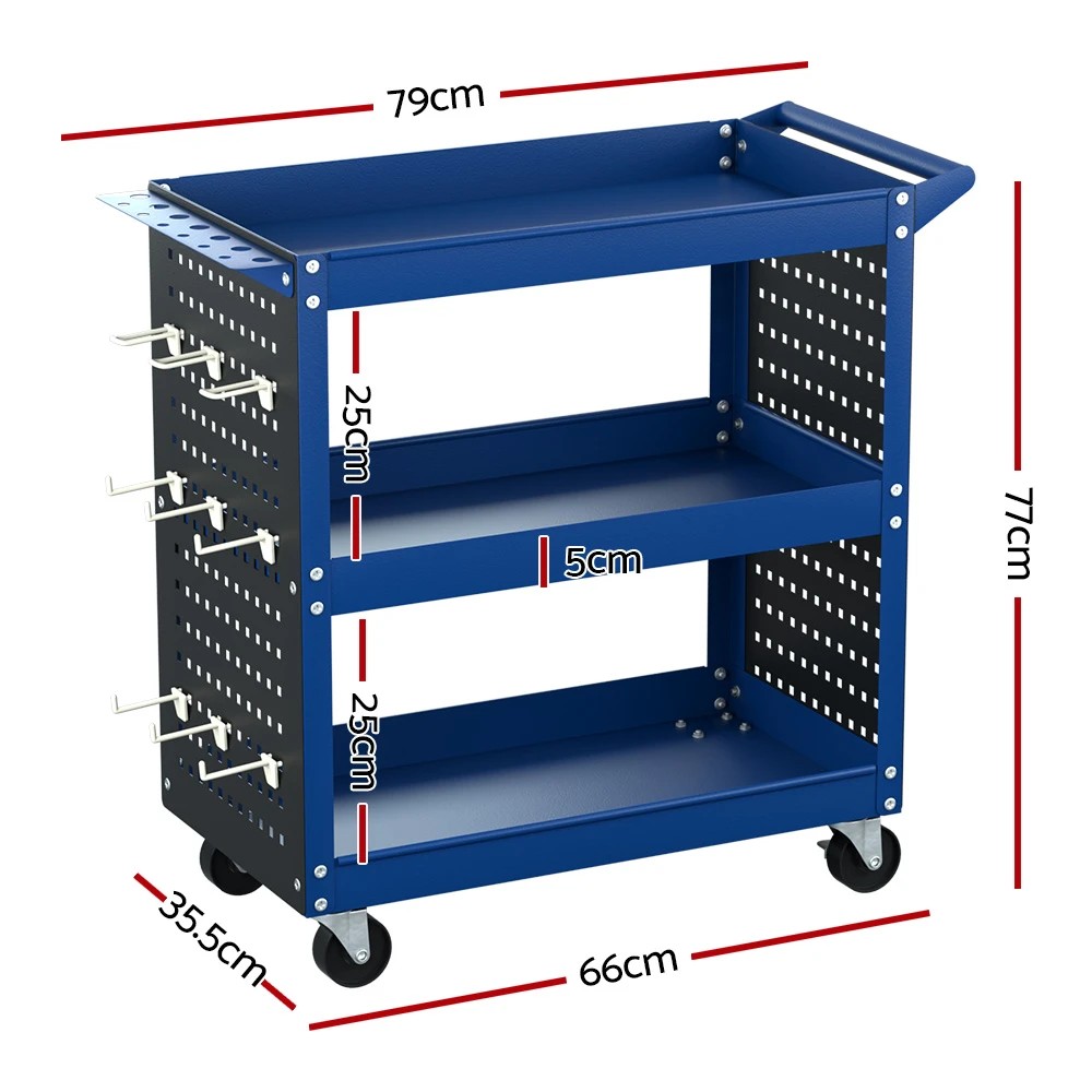 2 Giantz 3-Tier Tool Cart Storage Trolley Workshop Garage Pegboard Hooks - Blue, 2 of 2