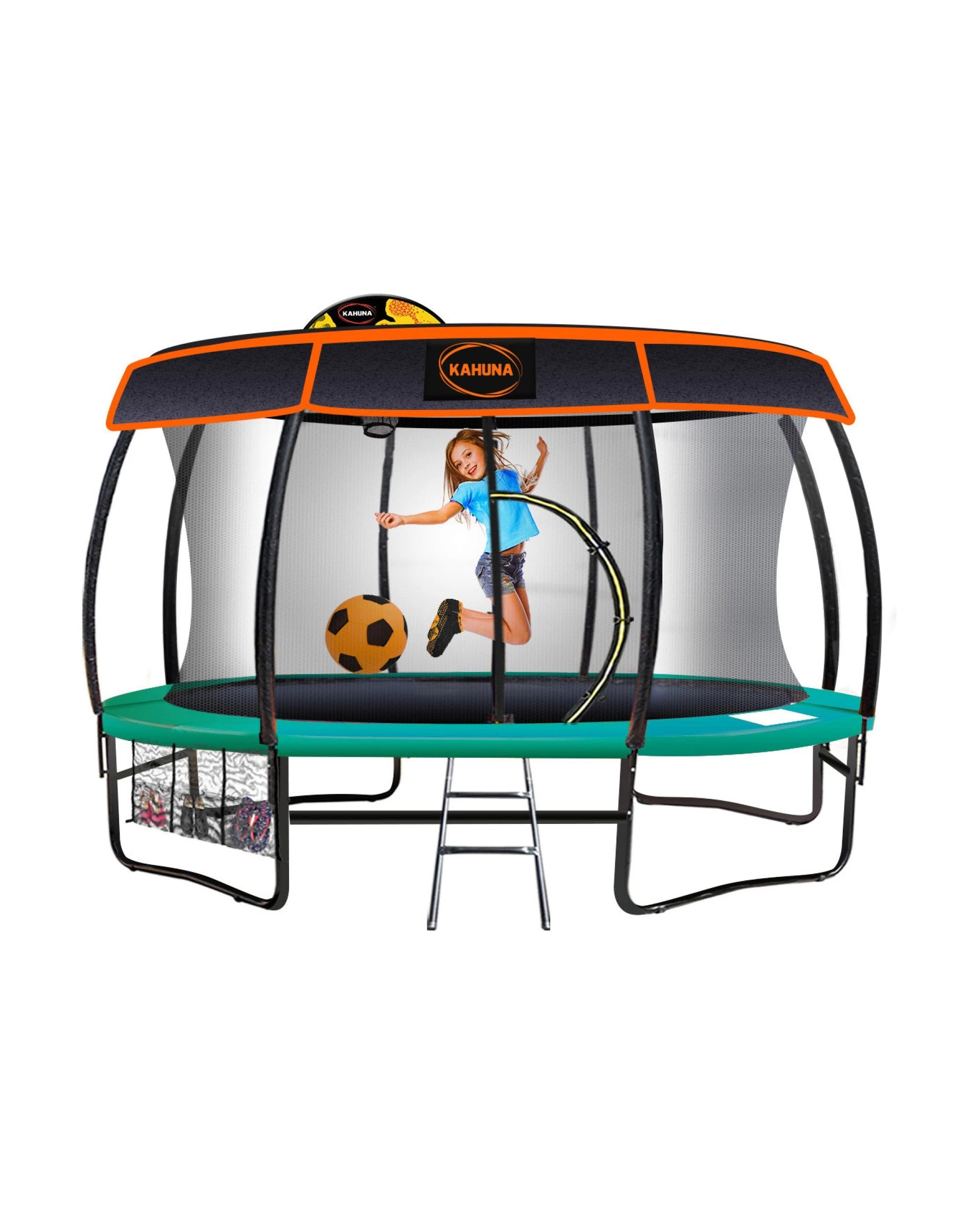 1 Kahuna 14ft Trampoline with Basketball Set and Roof in Green, 1 of 7